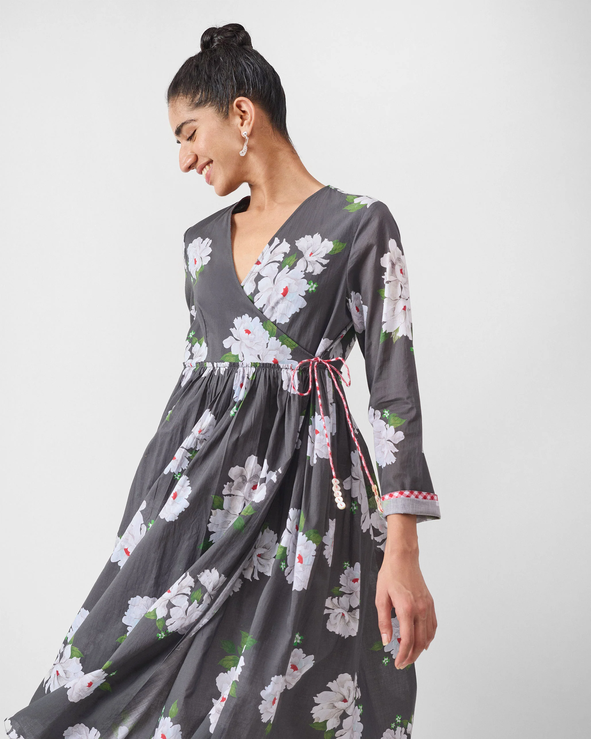 Gathered Angrakha - Charcoal & Ivory Print - Image 2