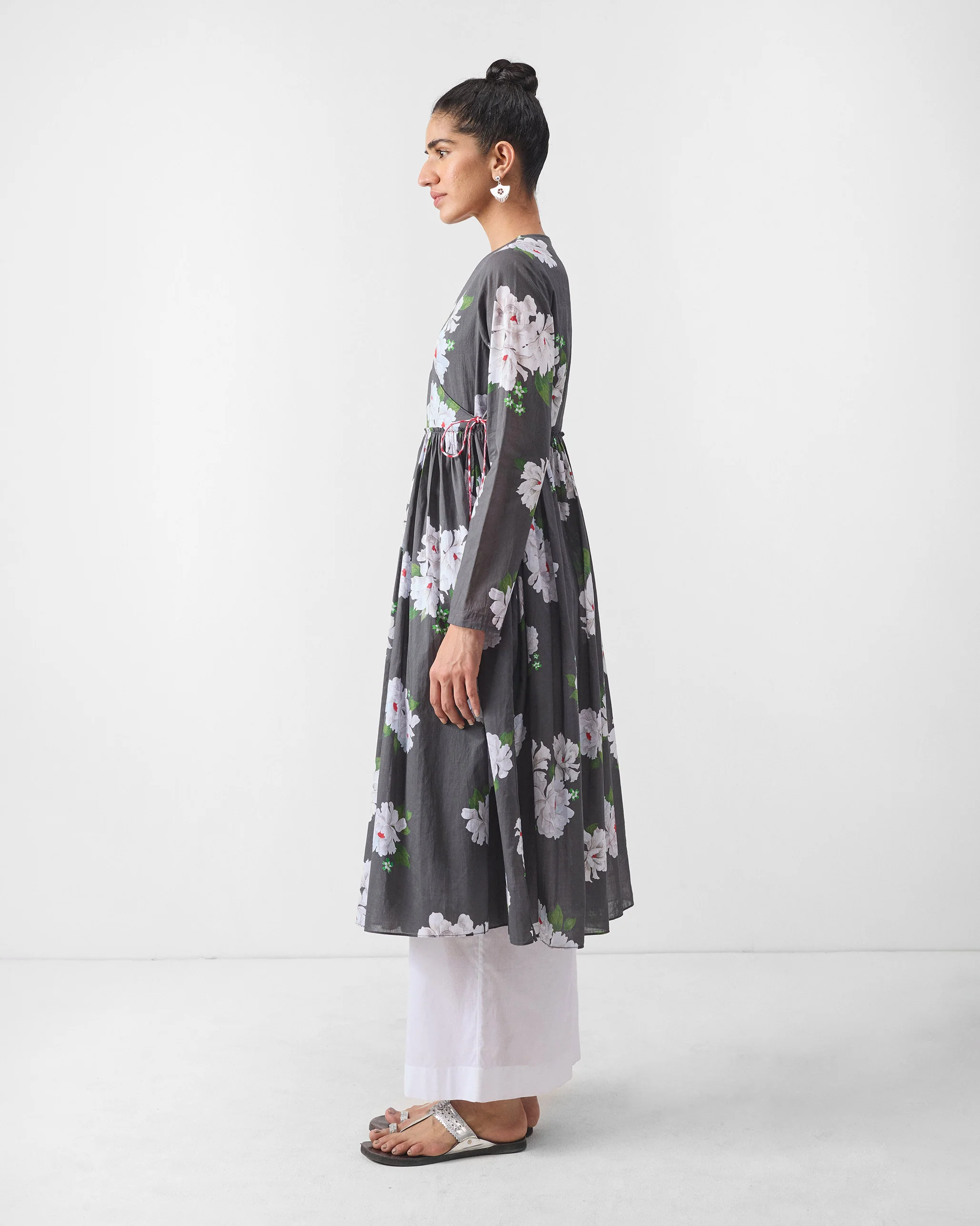 Gathered Angrakha - Charcoal & Ivory Print - Image 3