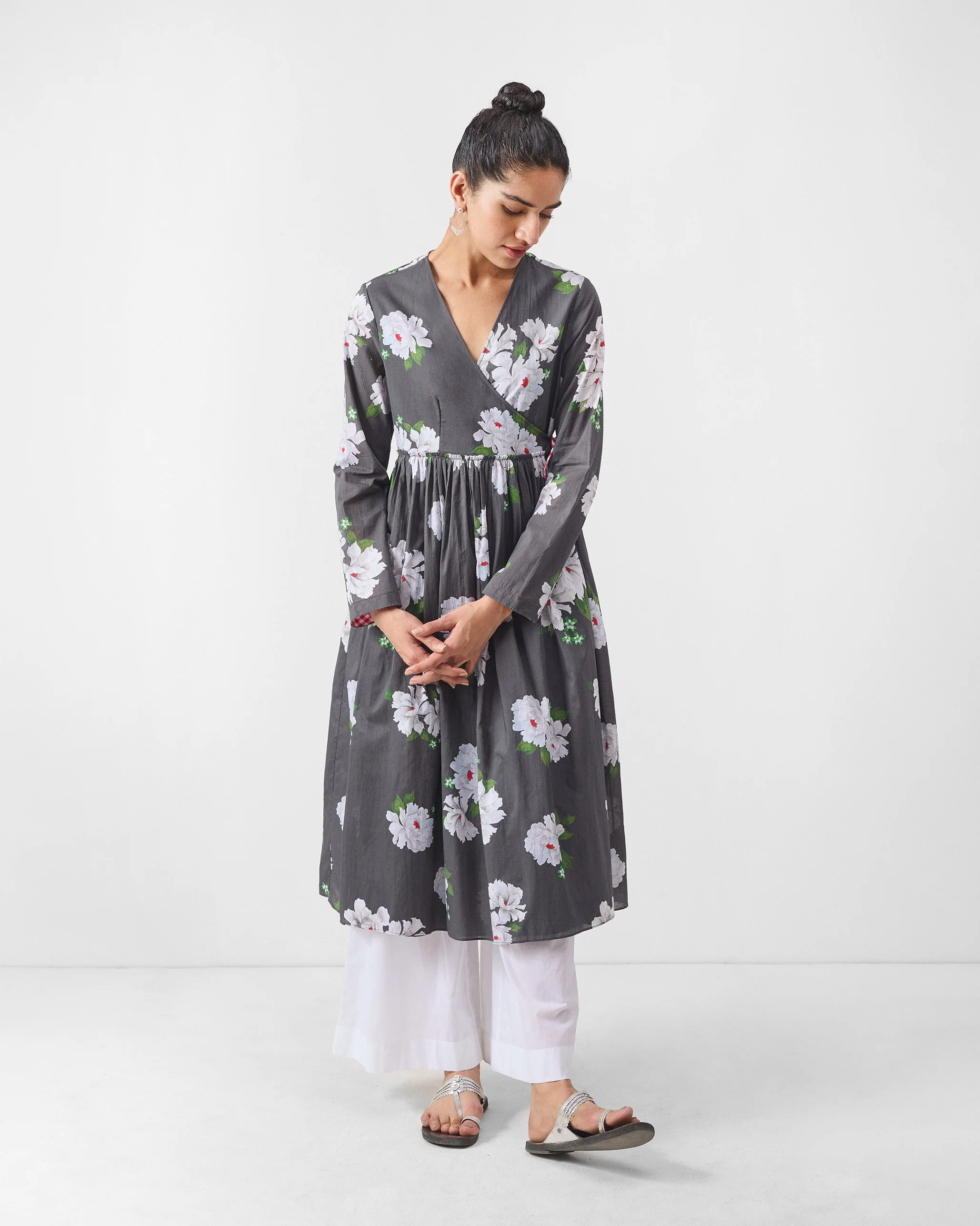 Gathered Angrakha - Charcoal & Ivory Print - Image 4