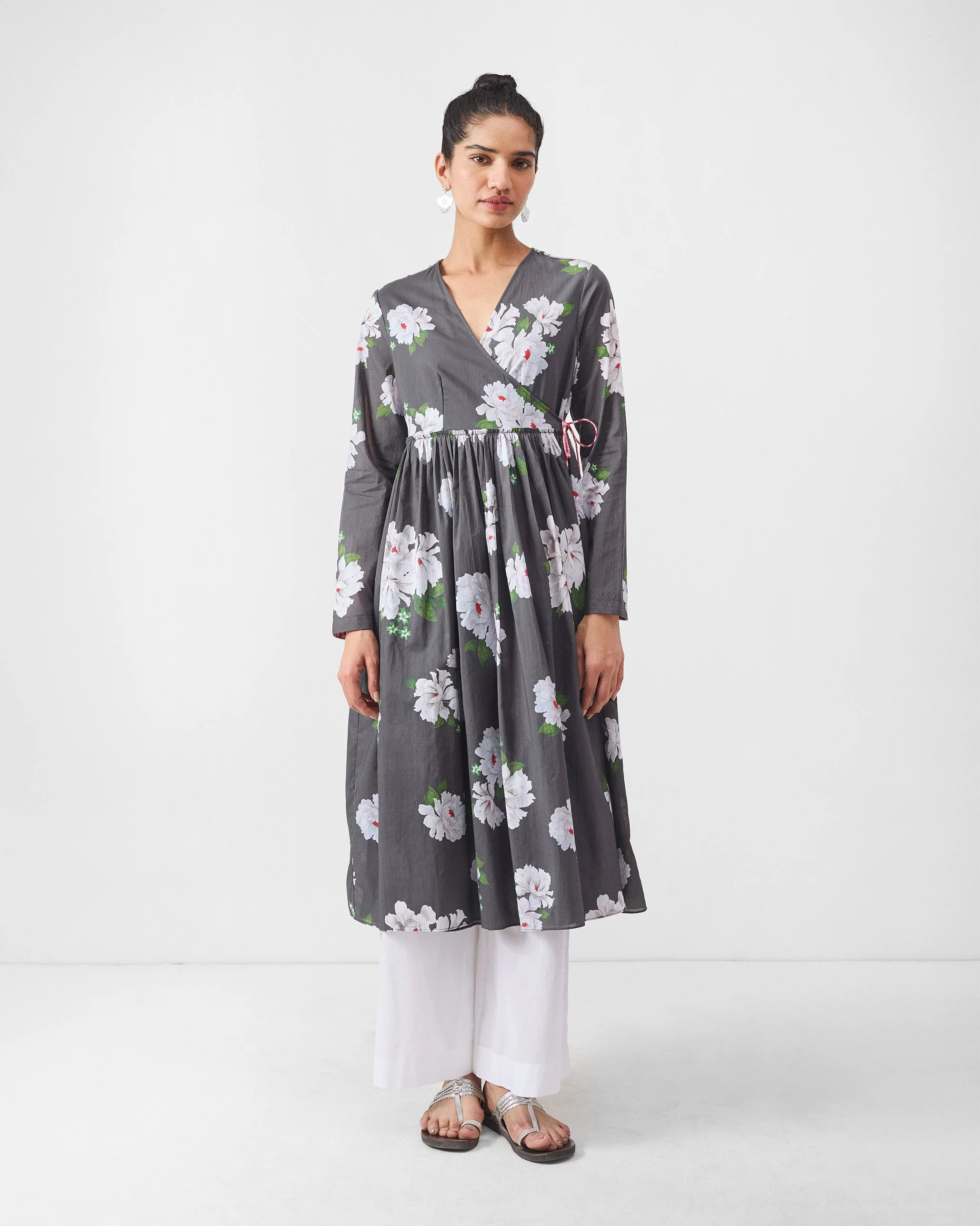 Gathered Angrakha - Charcoal & Ivory Print - Image 6