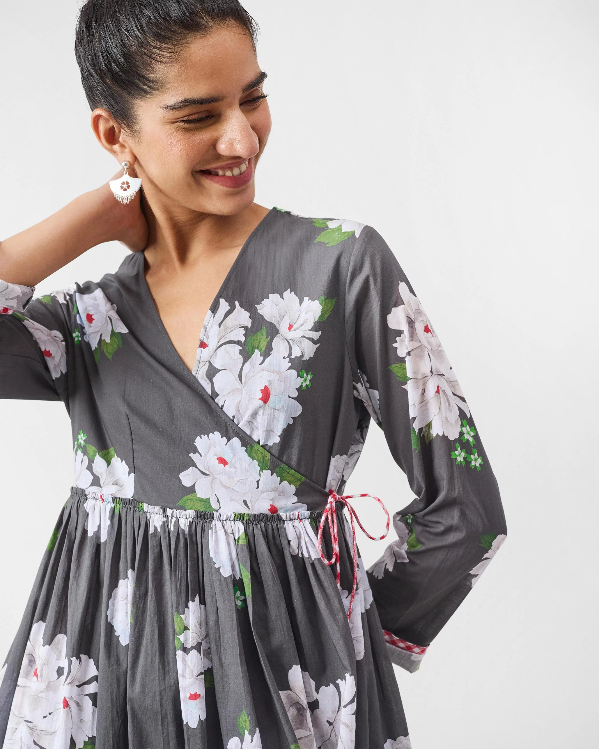 Gathered Angrakha - Charcoal & Ivory Print - Image 7