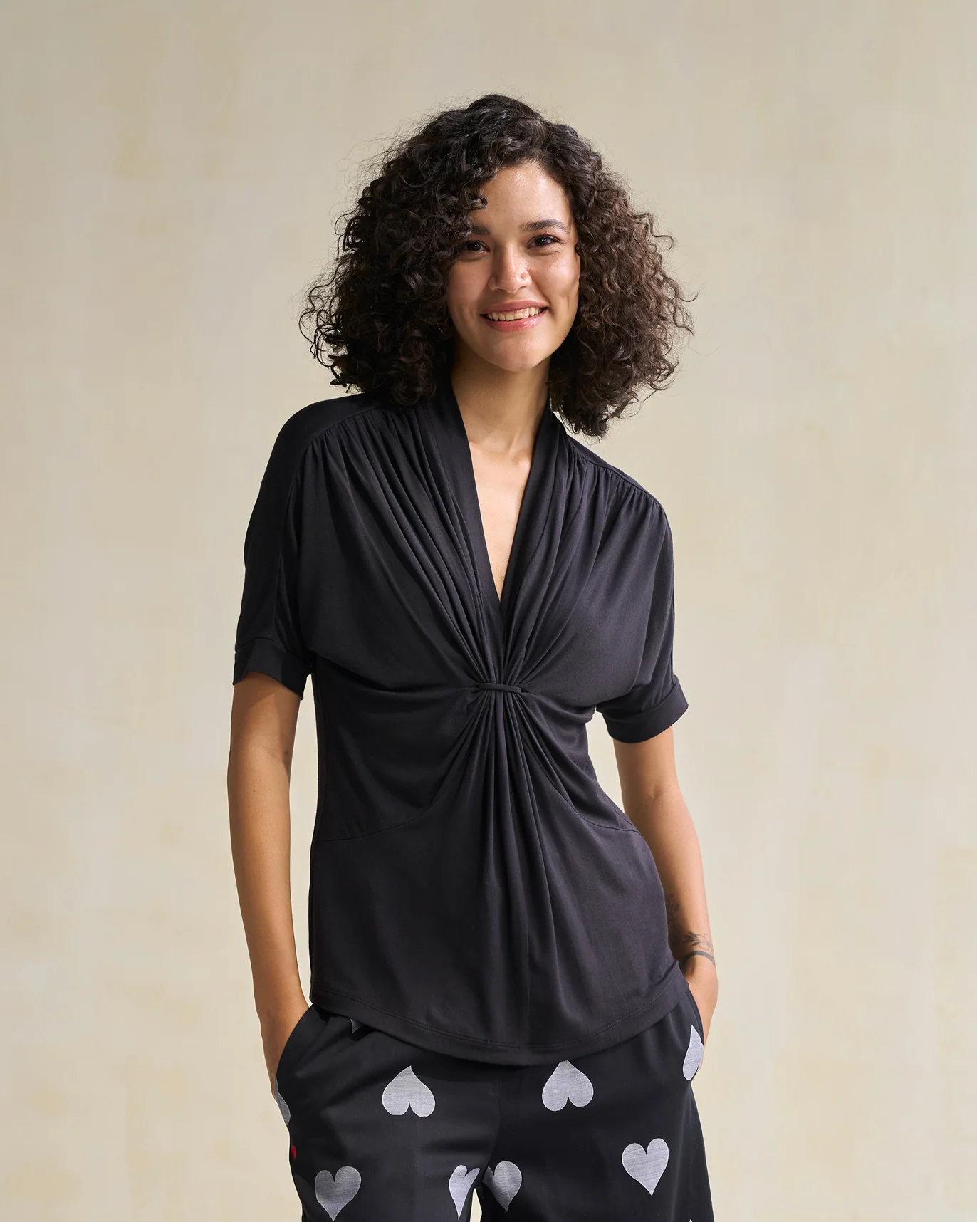 Gathered Jersey Top - Black - Image 3