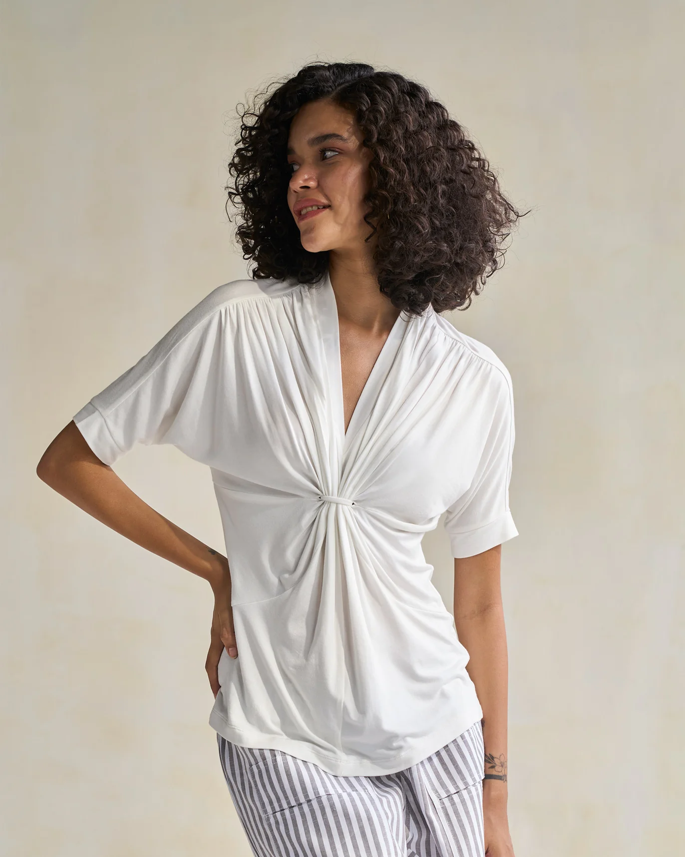 Gathered Jersey Top - Ivory - Image 3