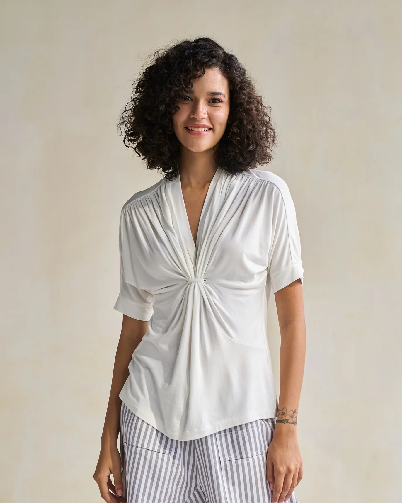 Gathered Jersey Top - Ivory - Image 5