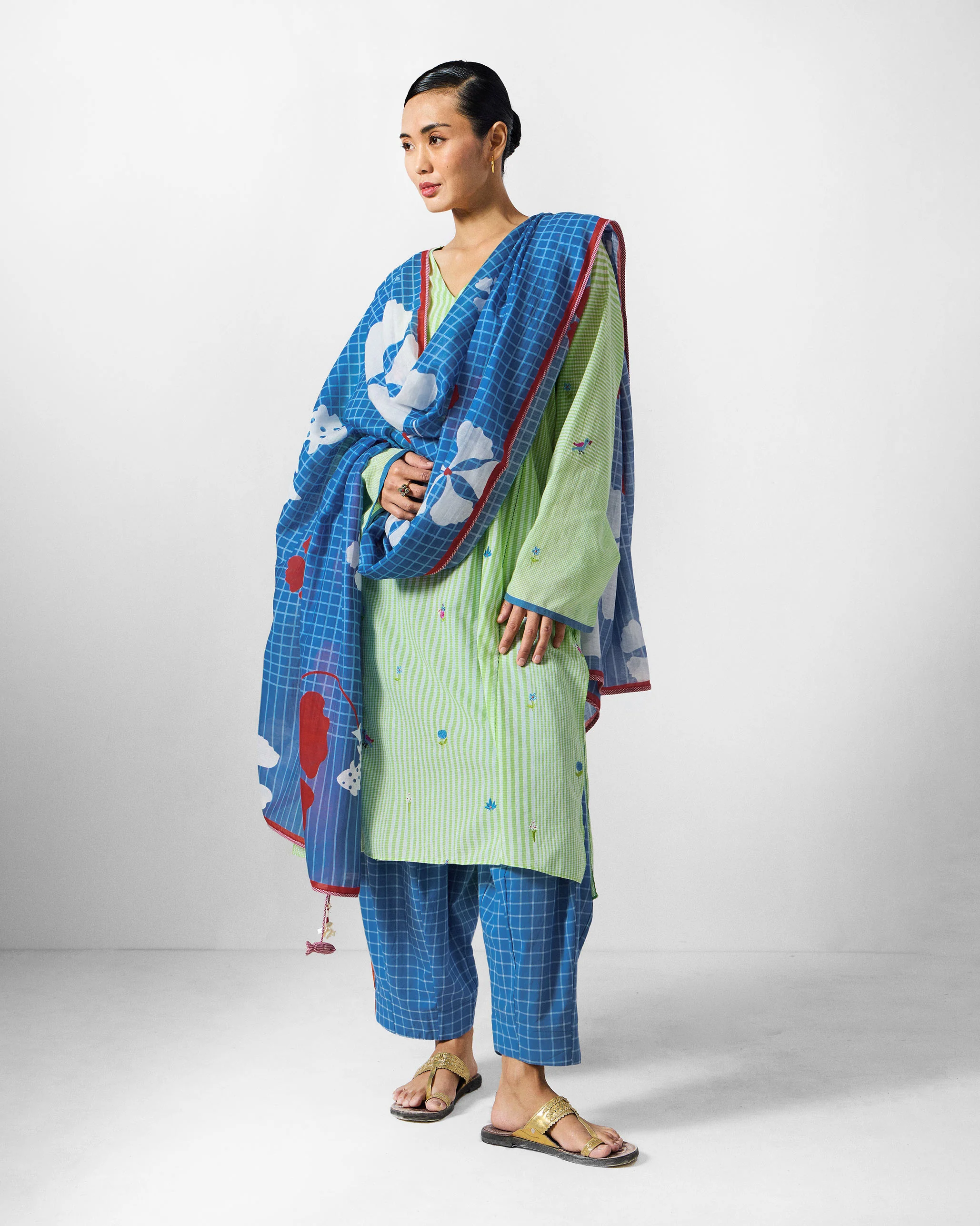 Gigi Kurta - Green & White Embroidered - Image 6