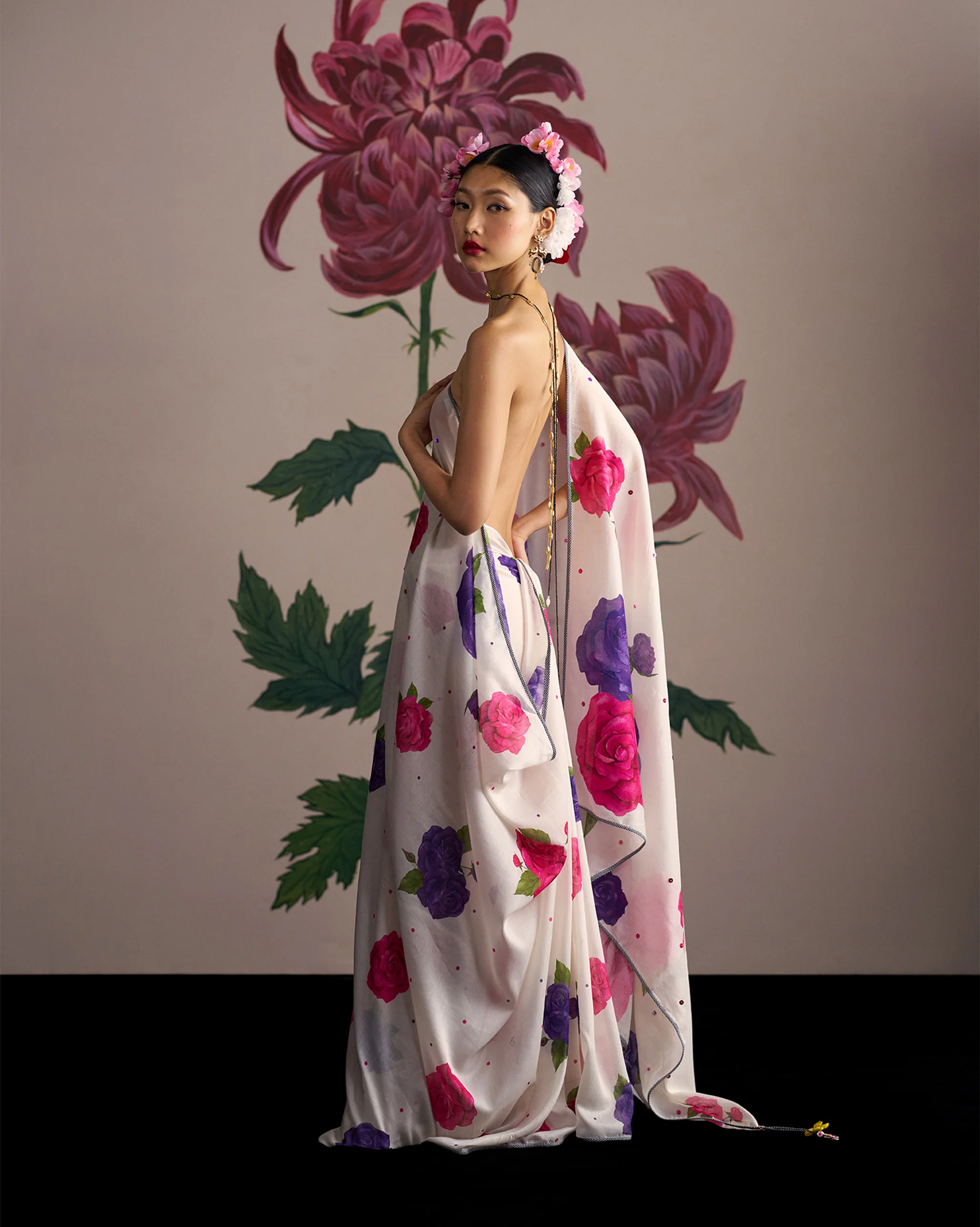 Gul Sari - Ivory & Fuchsia Printed - Image 2