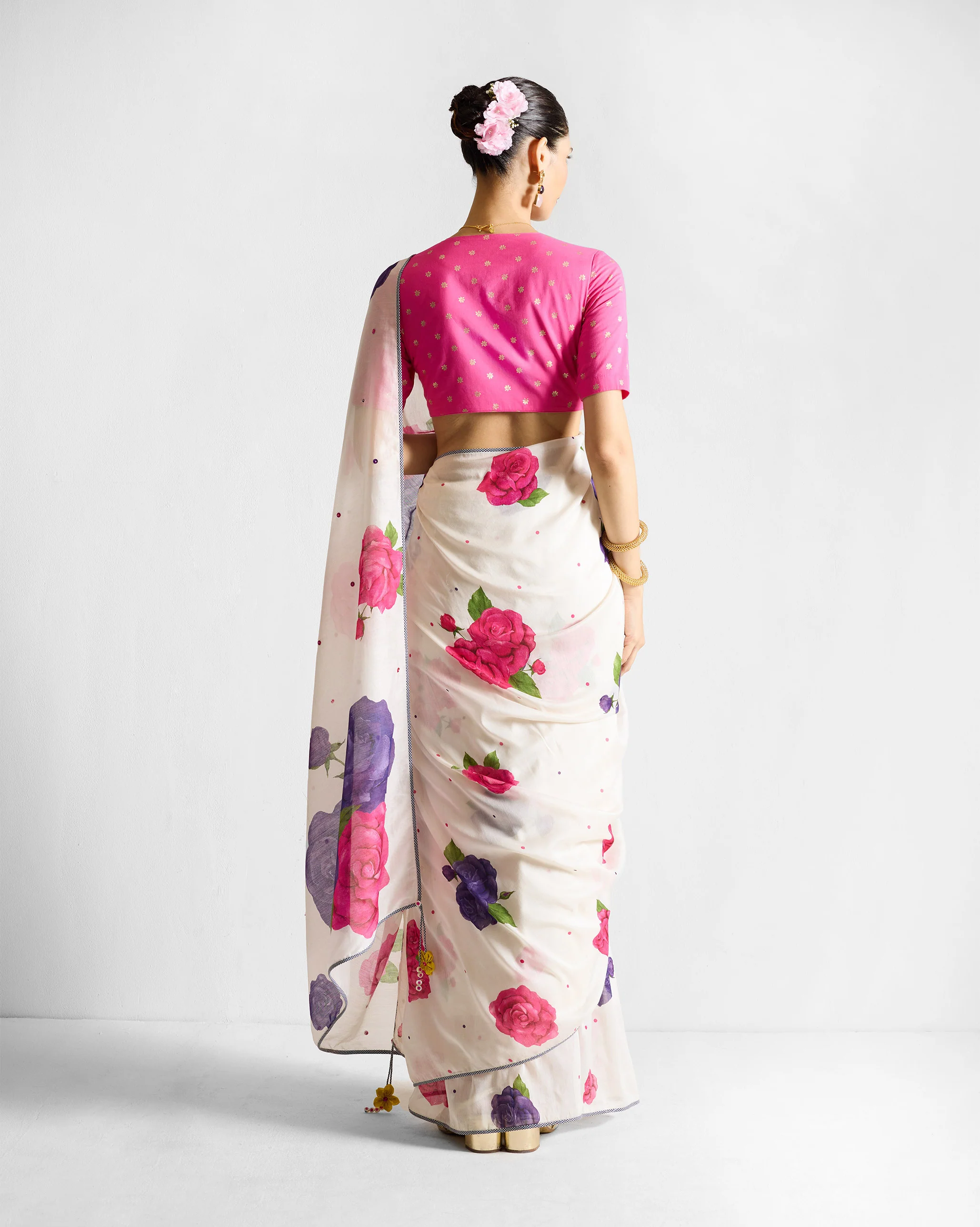 Gul Sari - Ivory & Fuchsia Printed - Image 3