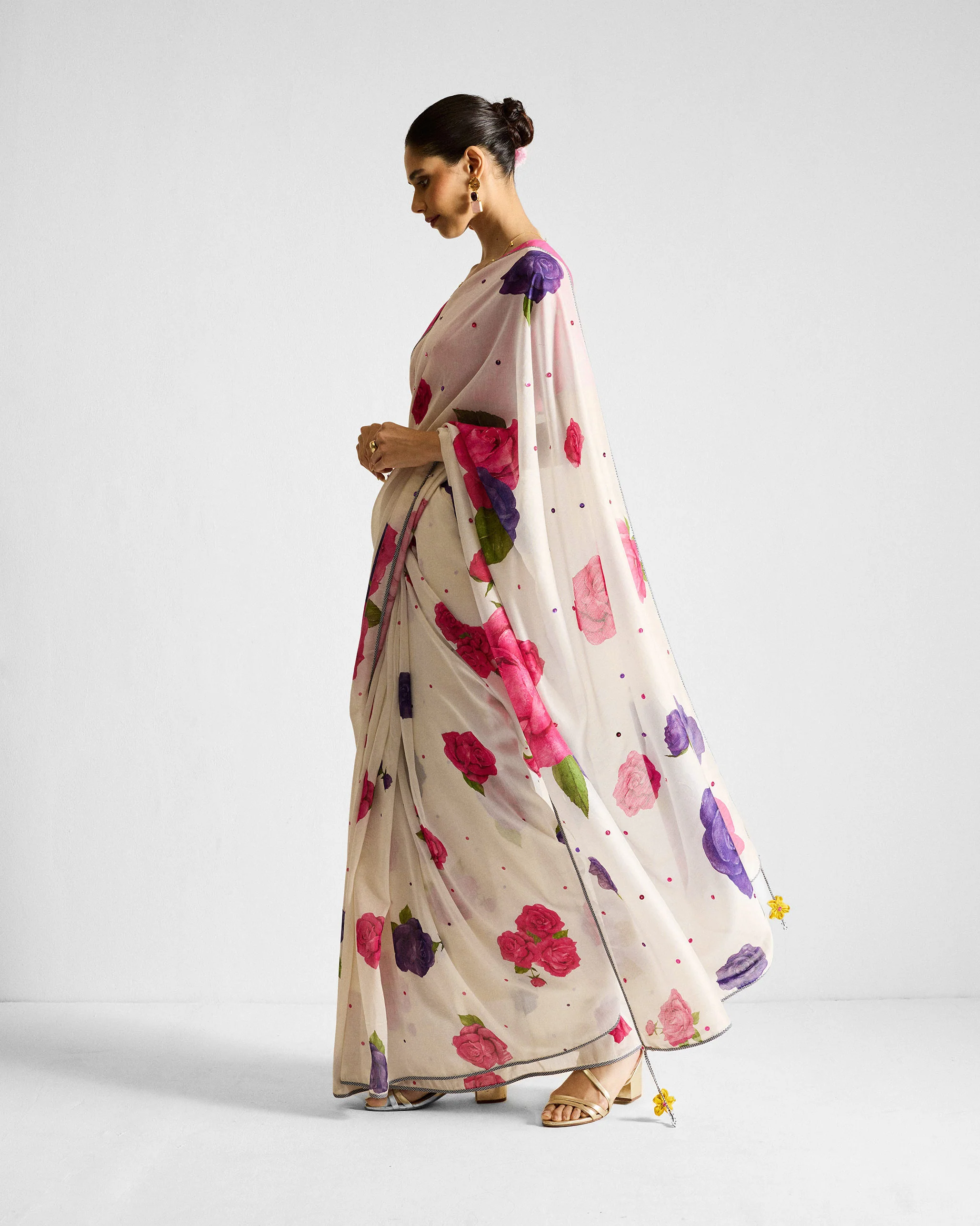 Gul Sari - Ivory & Fuchsia Printed - Image 5