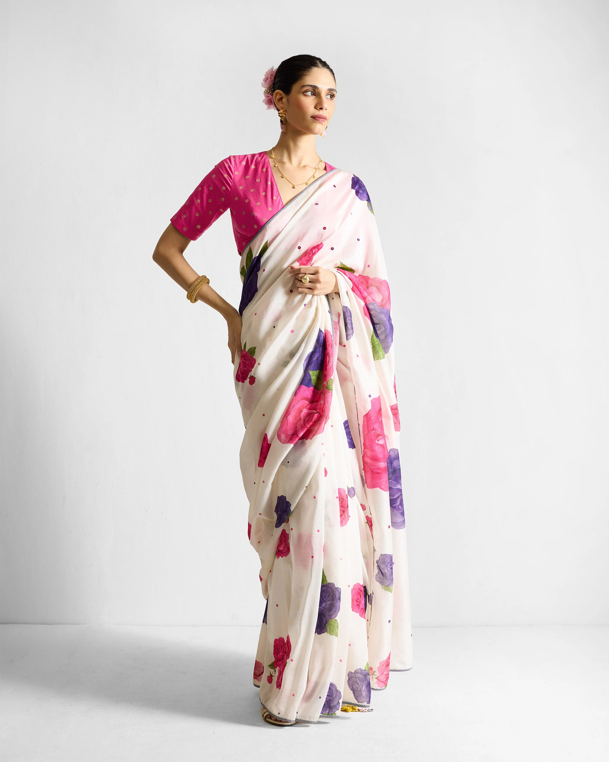 Gul Sari - Ivory & Fuchsia Printed - Image 6