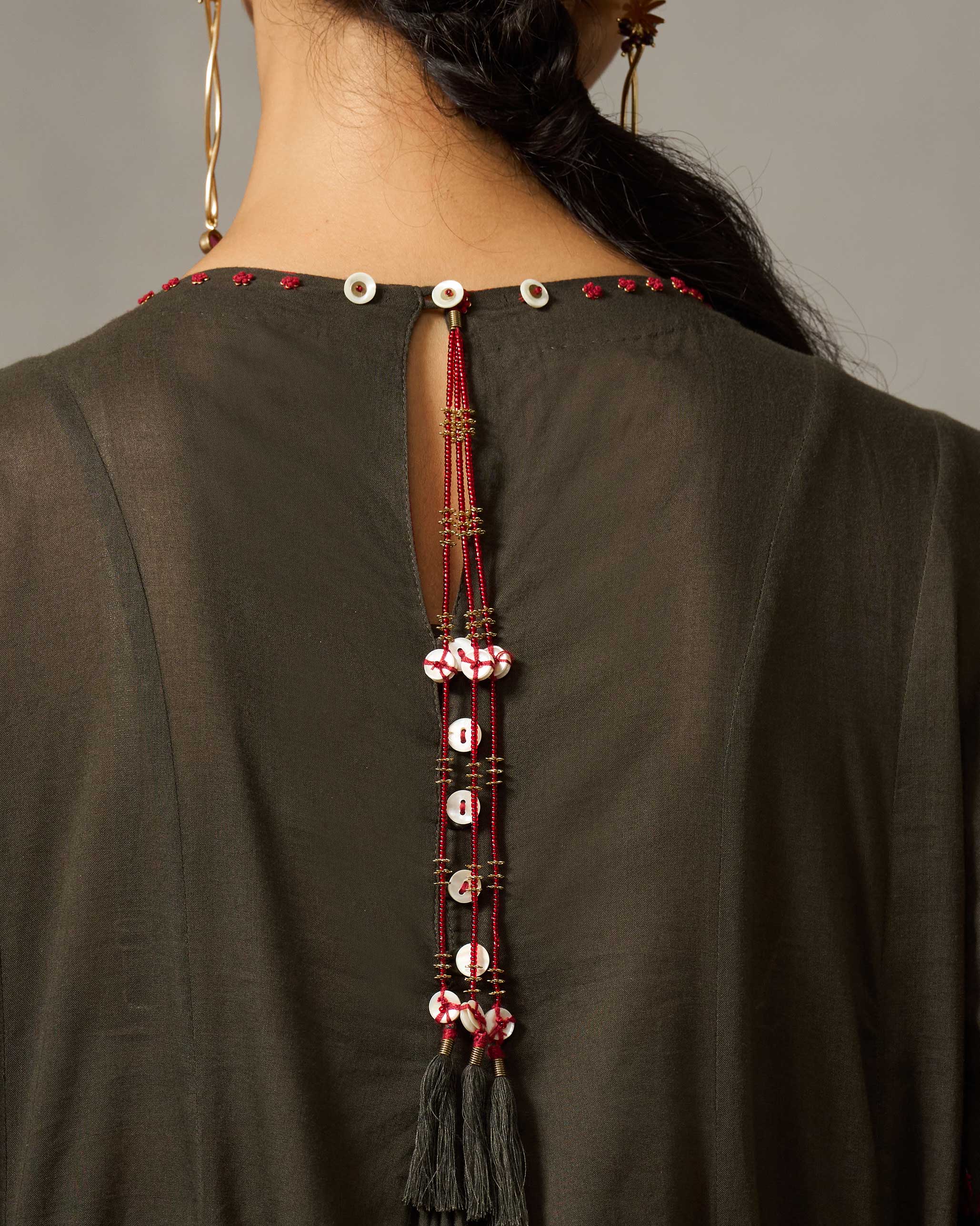 Gusset Round Neck Kurta - Deep Green Embroidered - Image 2