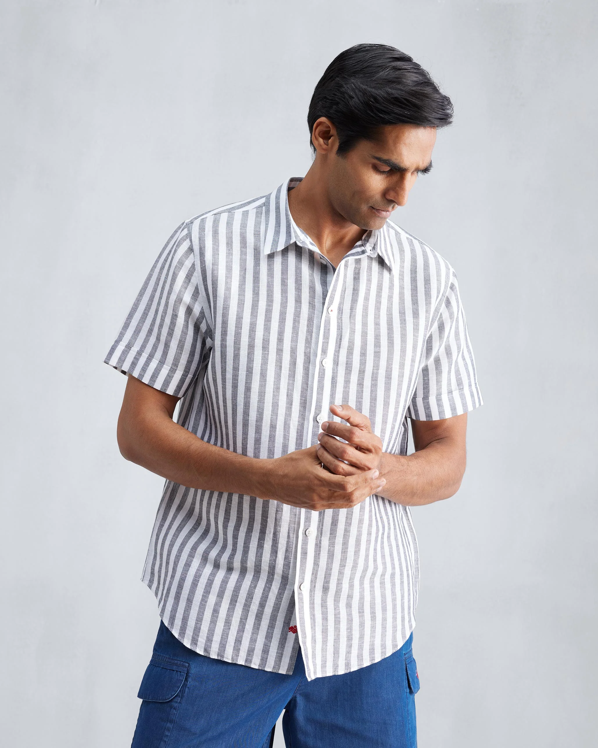Half Sleeve Shirt - Charcoal & White Stripes - Image 5