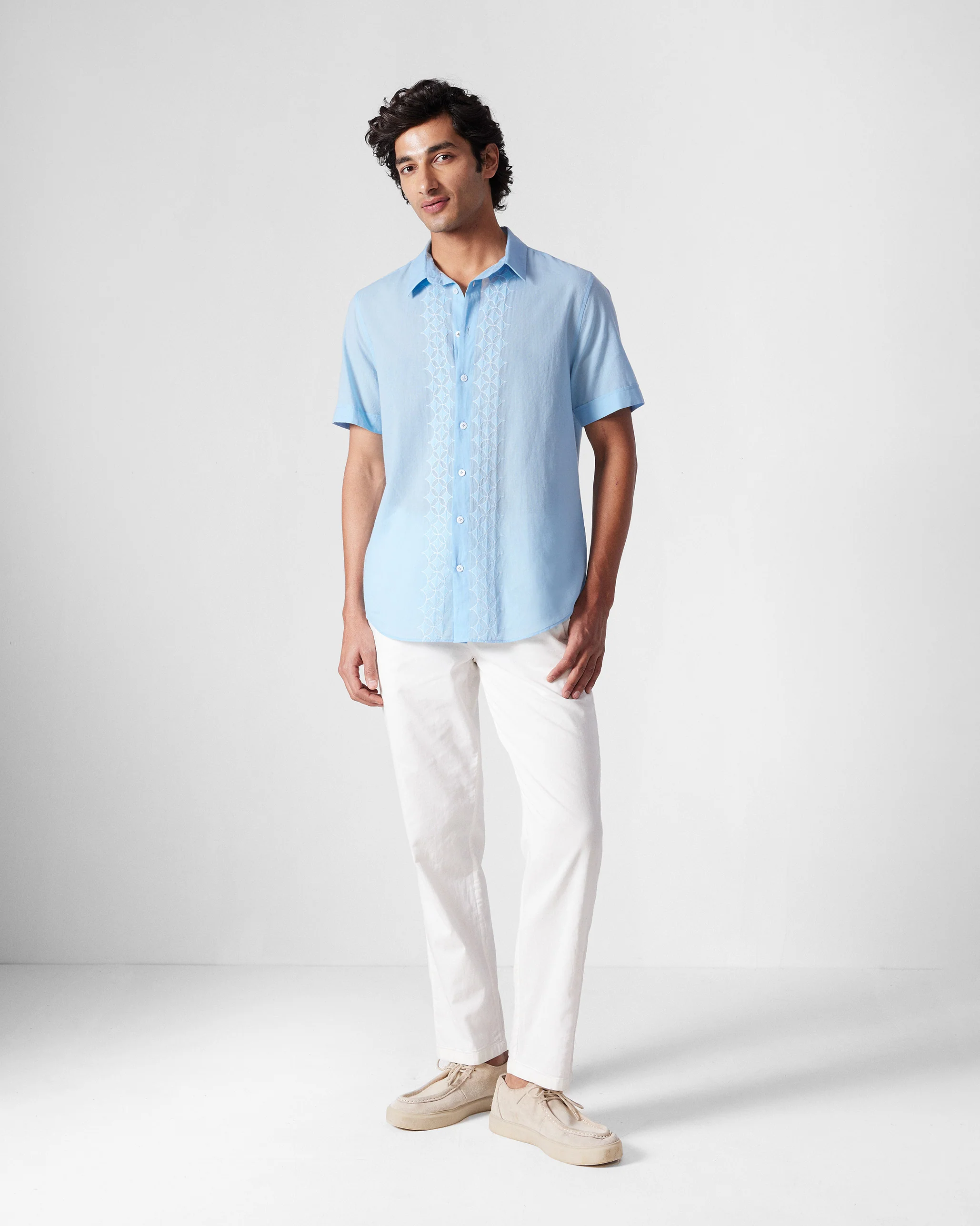 Half Sleeve Shirt - Light Blue Embroidered - Image 6