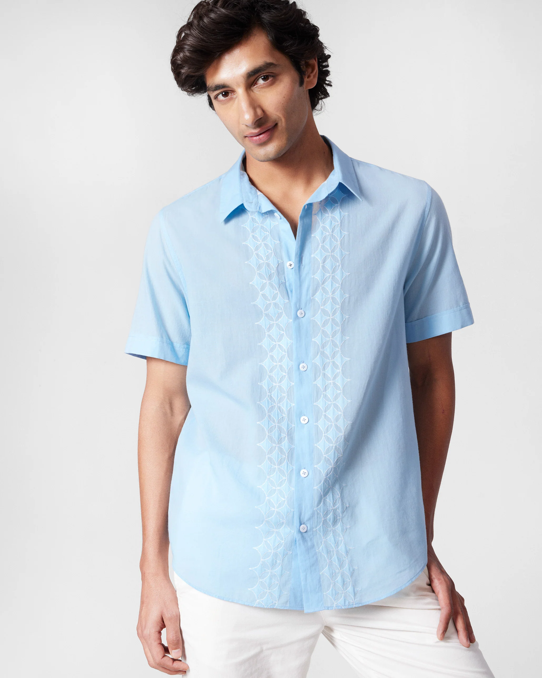 Half Sleeve Shirt - Light Blue Embroidered - Image 7