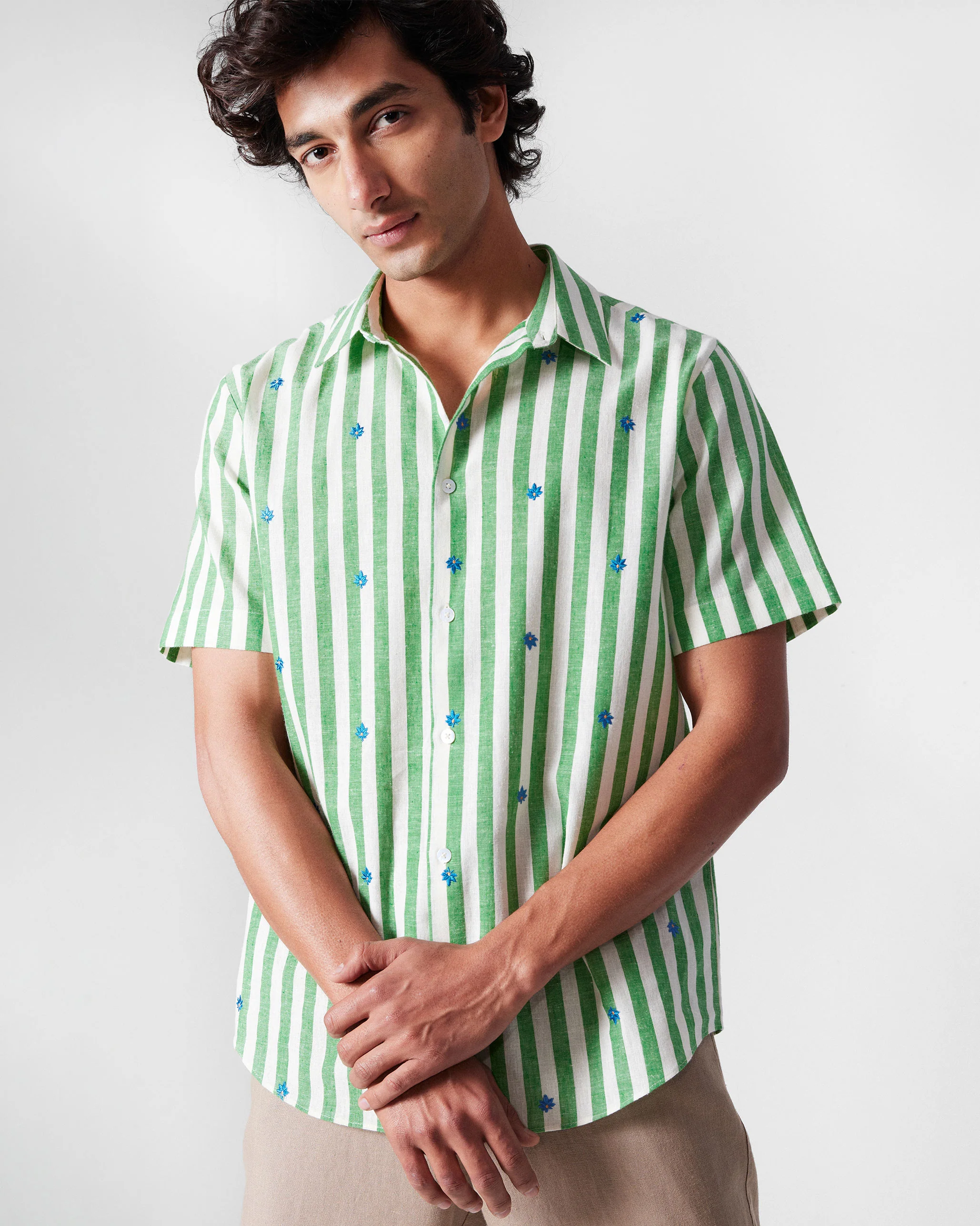 Half Sleeve Shirt - Light Green Embroidered - Image 3