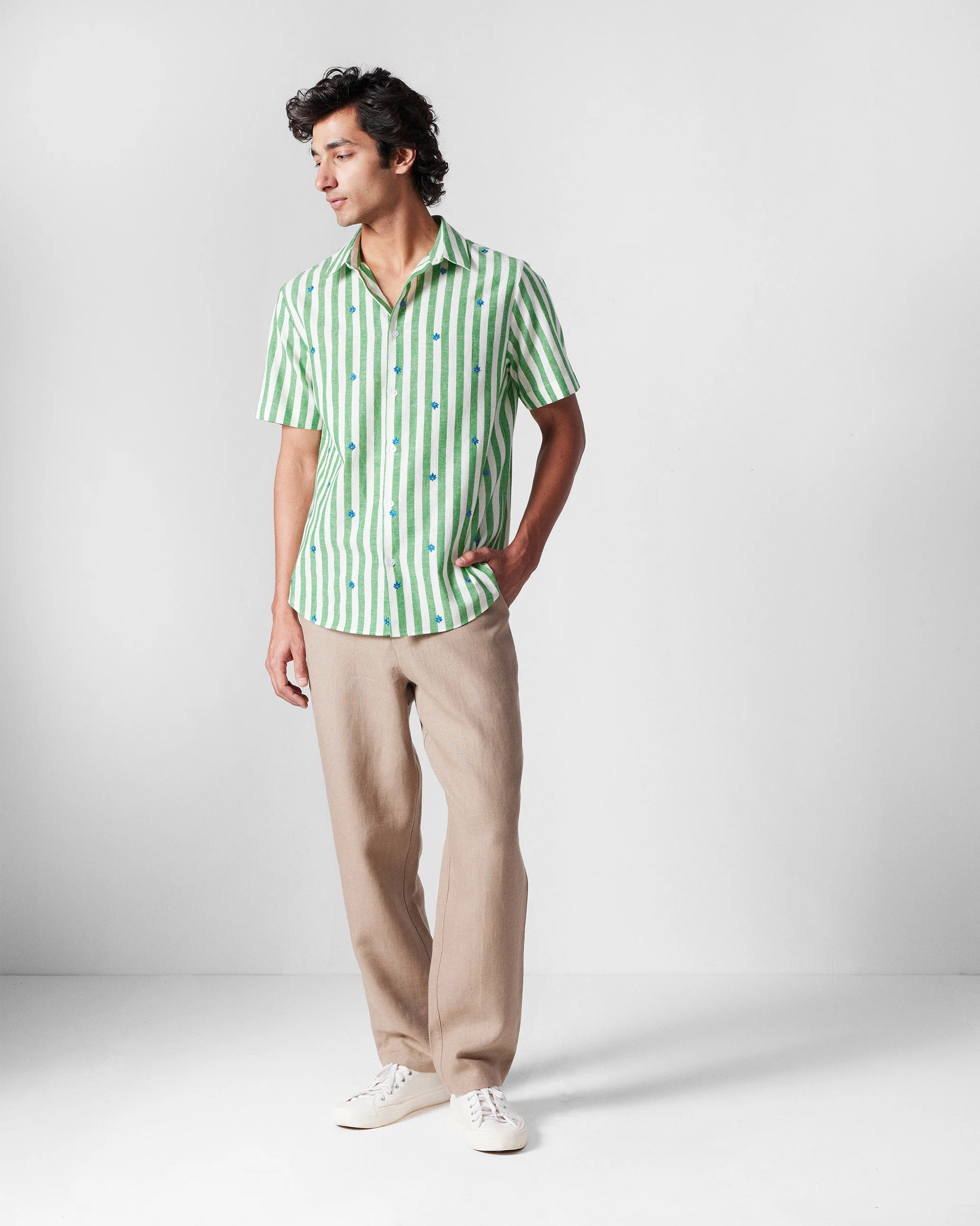 Half Sleeve Shirt - Light Green Embroidered - Image 6