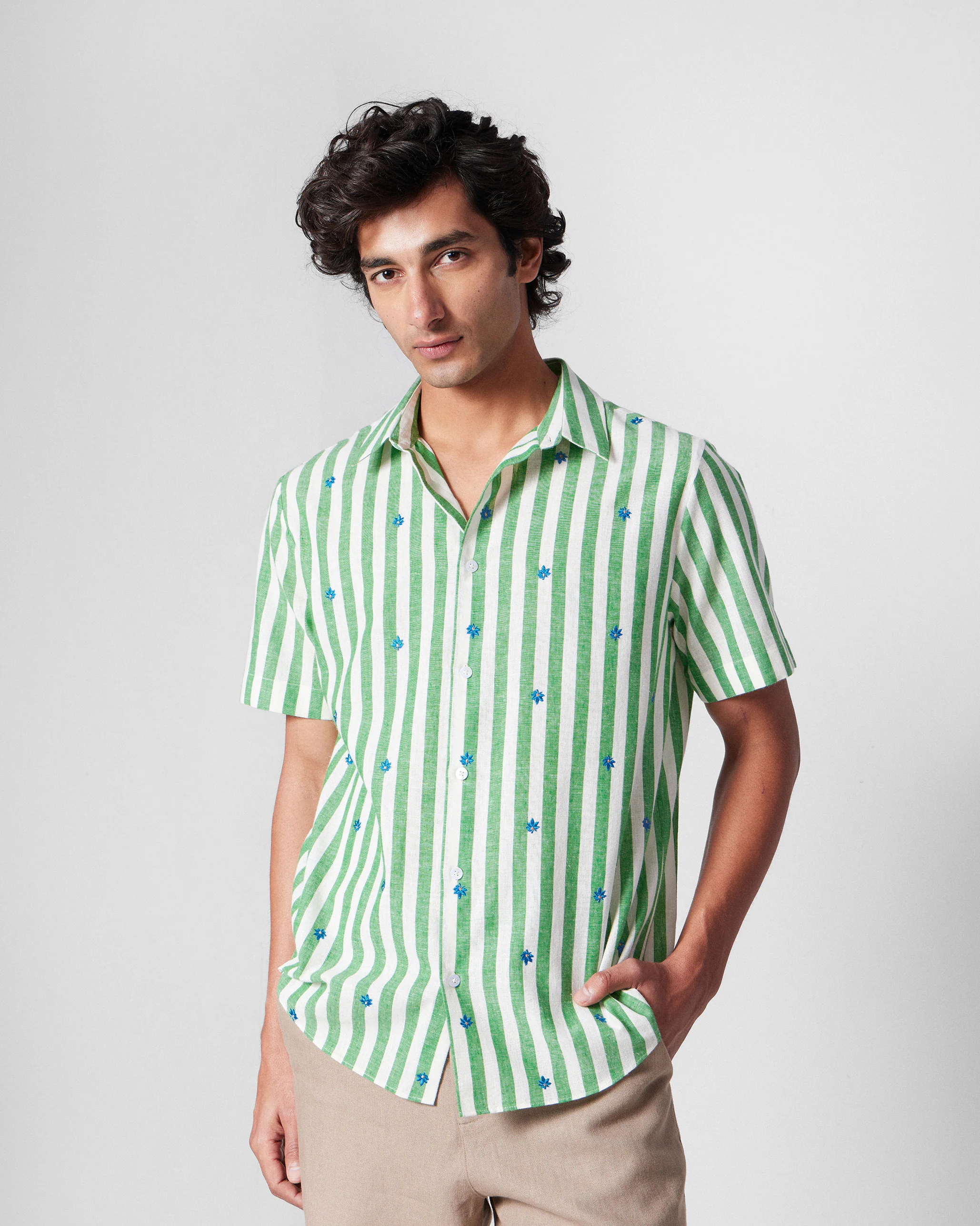 Half Sleeve Shirt - Light Green Embroidered - Image 7