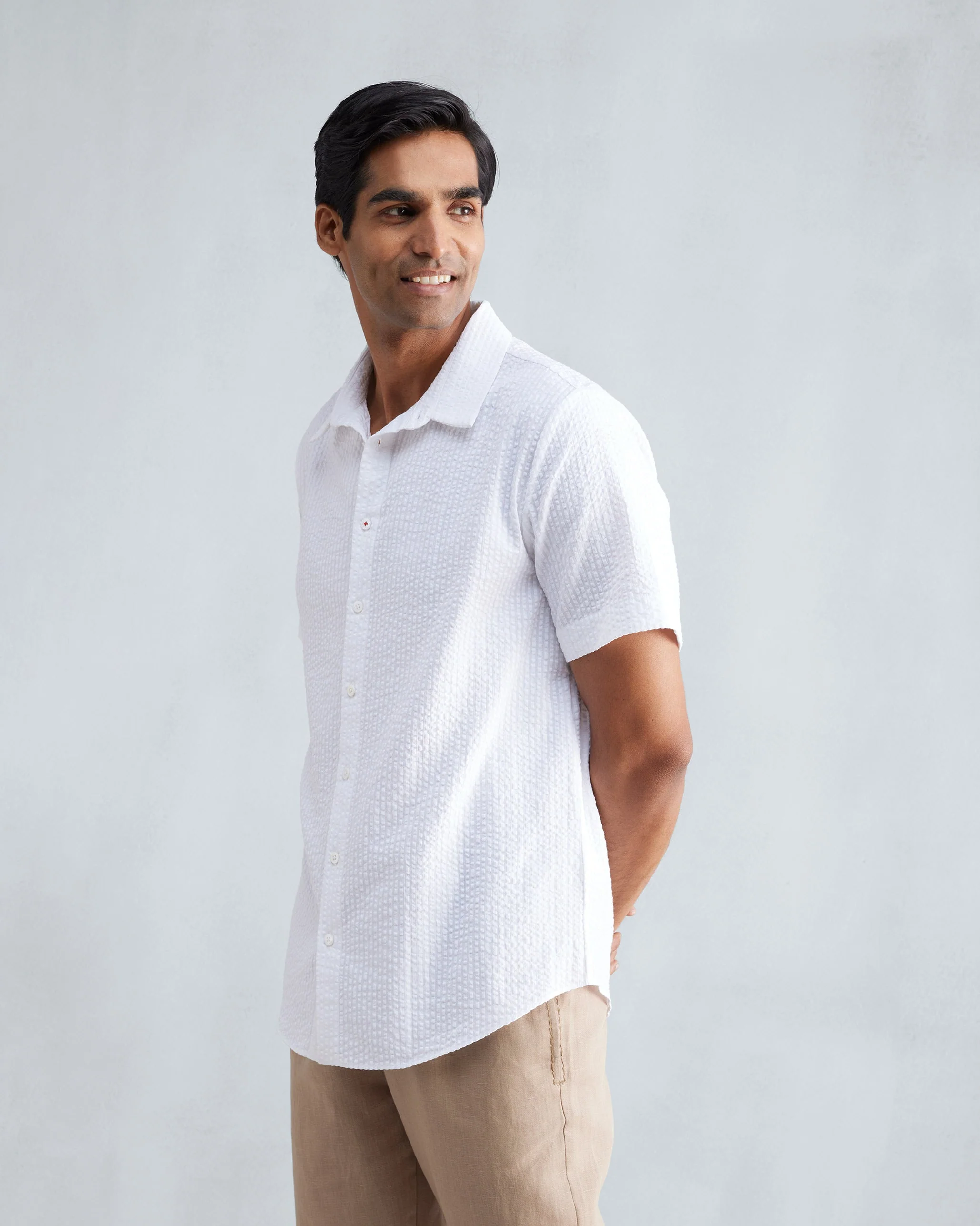 Half Sleeve Shirt Set (Beige & White Seersucker) - Image 11