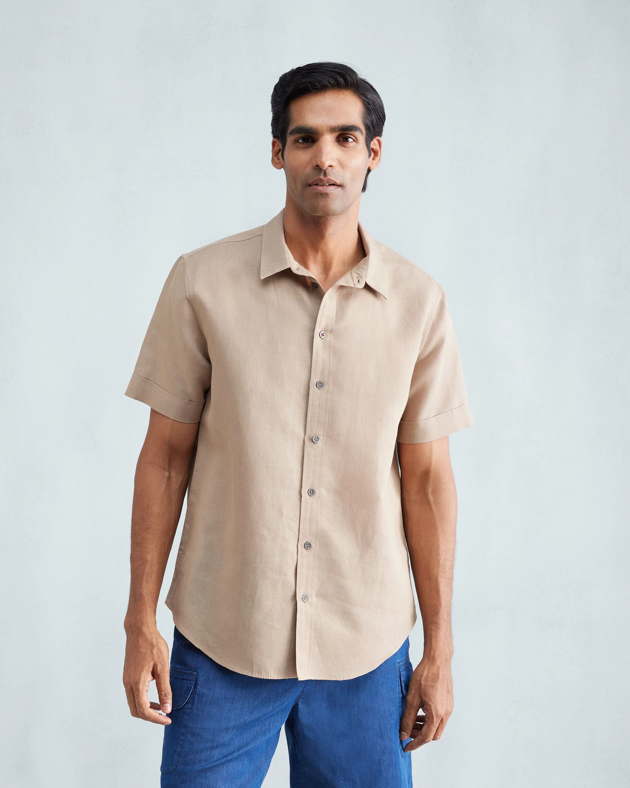 Half Sleeve Shirt Set (Beige & White Seersucker) - Image 2