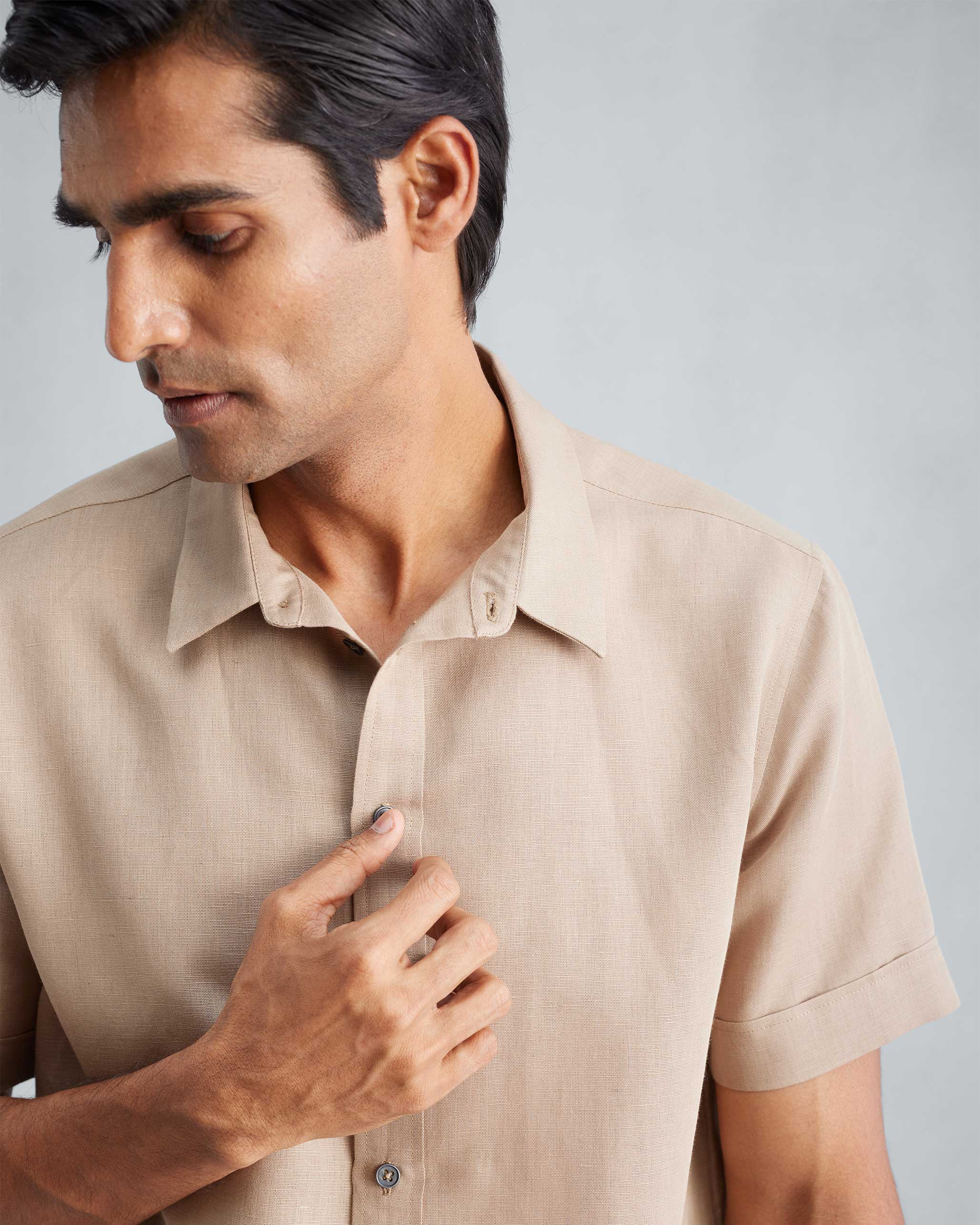 Half Sleeve Shirt Set (Beige & White Seersucker) - Image 5
