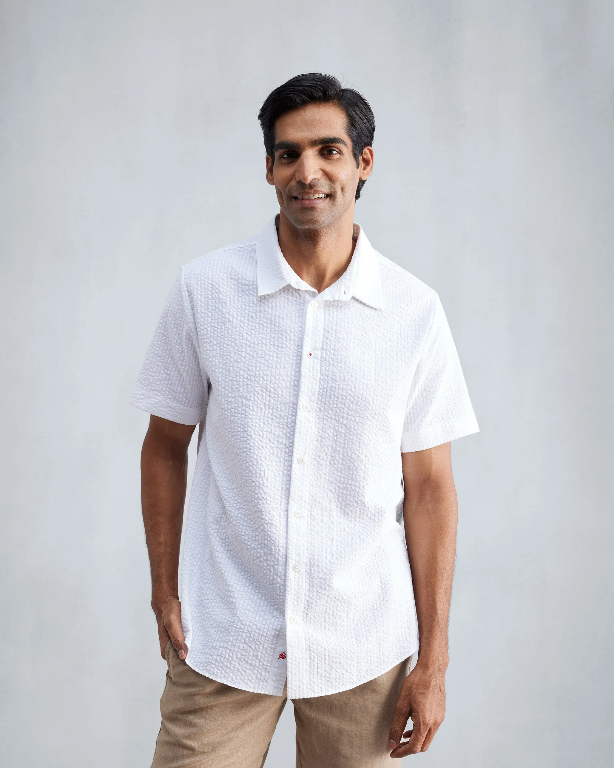 Half Sleeve Shirt Set (Beige & White Seersucker) - Image 7