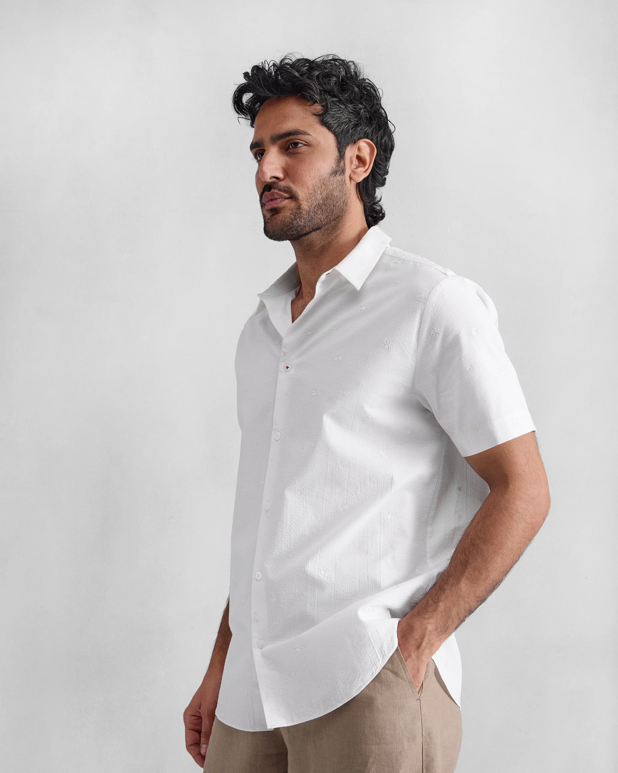 Half Sleeve Shirt - White Embroidered - Image 3