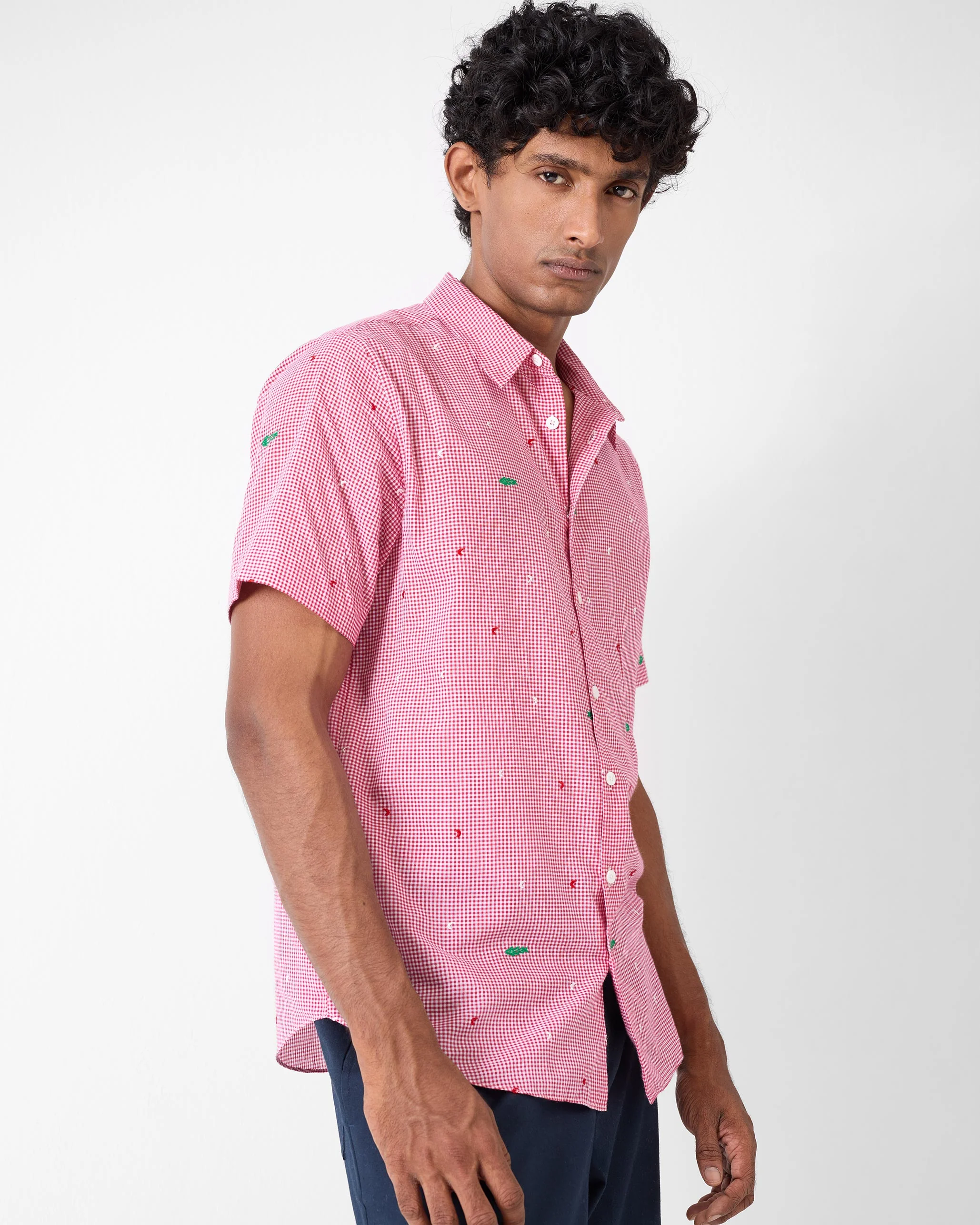 Half Sleeve Shirt - White & Watermelon Checks - Image 4
