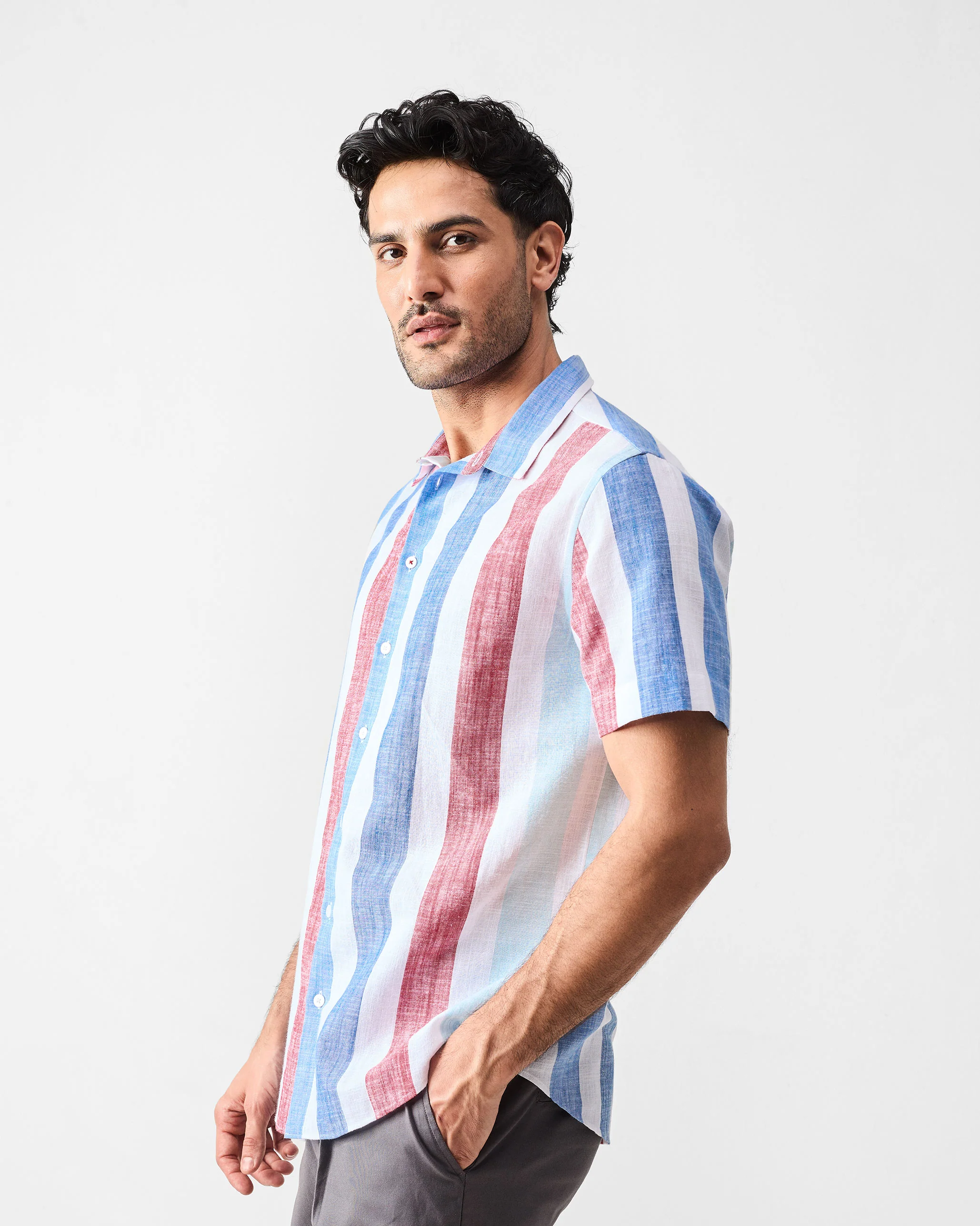 Half Sleeves Shirt - Blue & Red Stripes - Image 3
