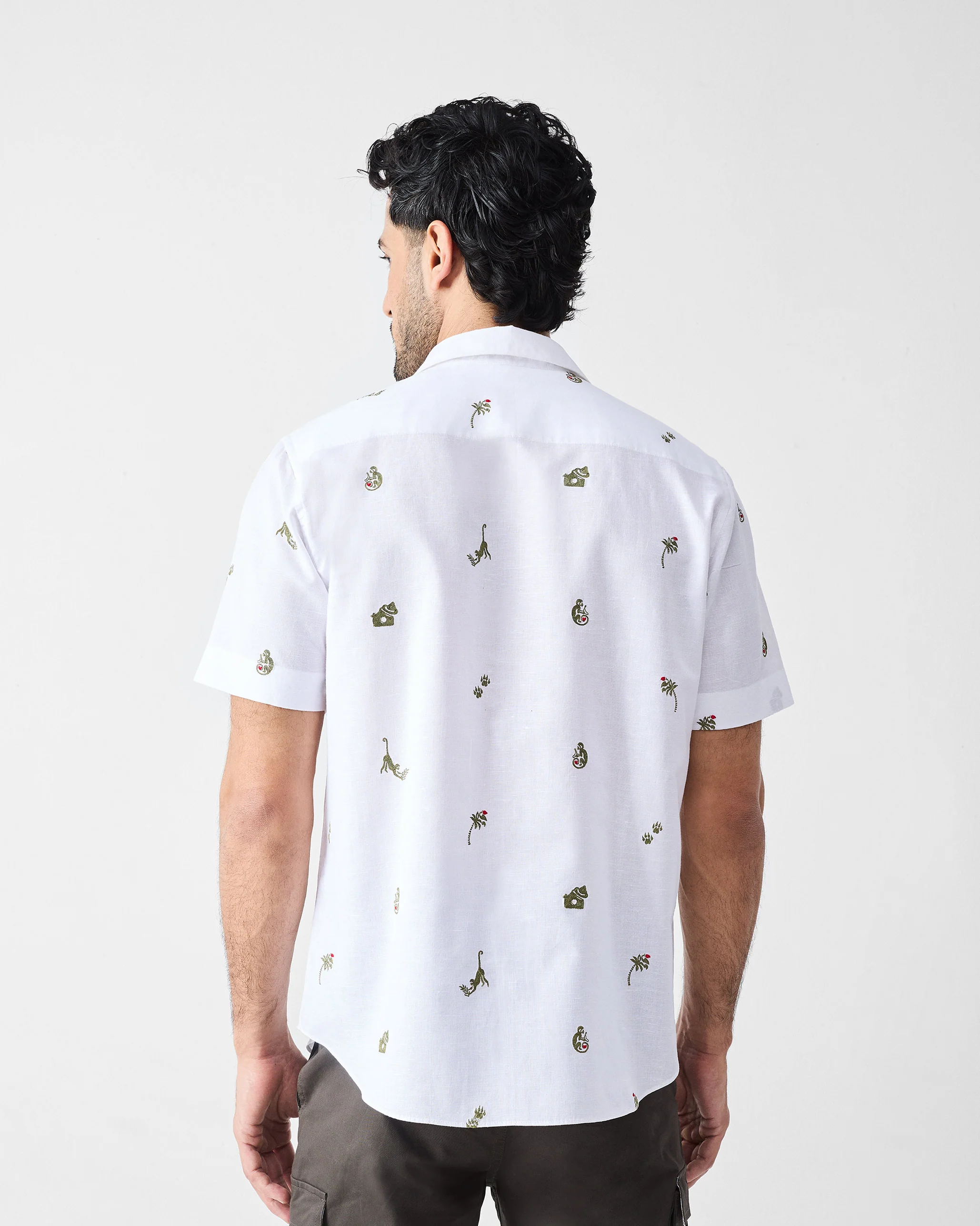 Half Sleeves Shirt - White & Olive Embroidered - Image 2