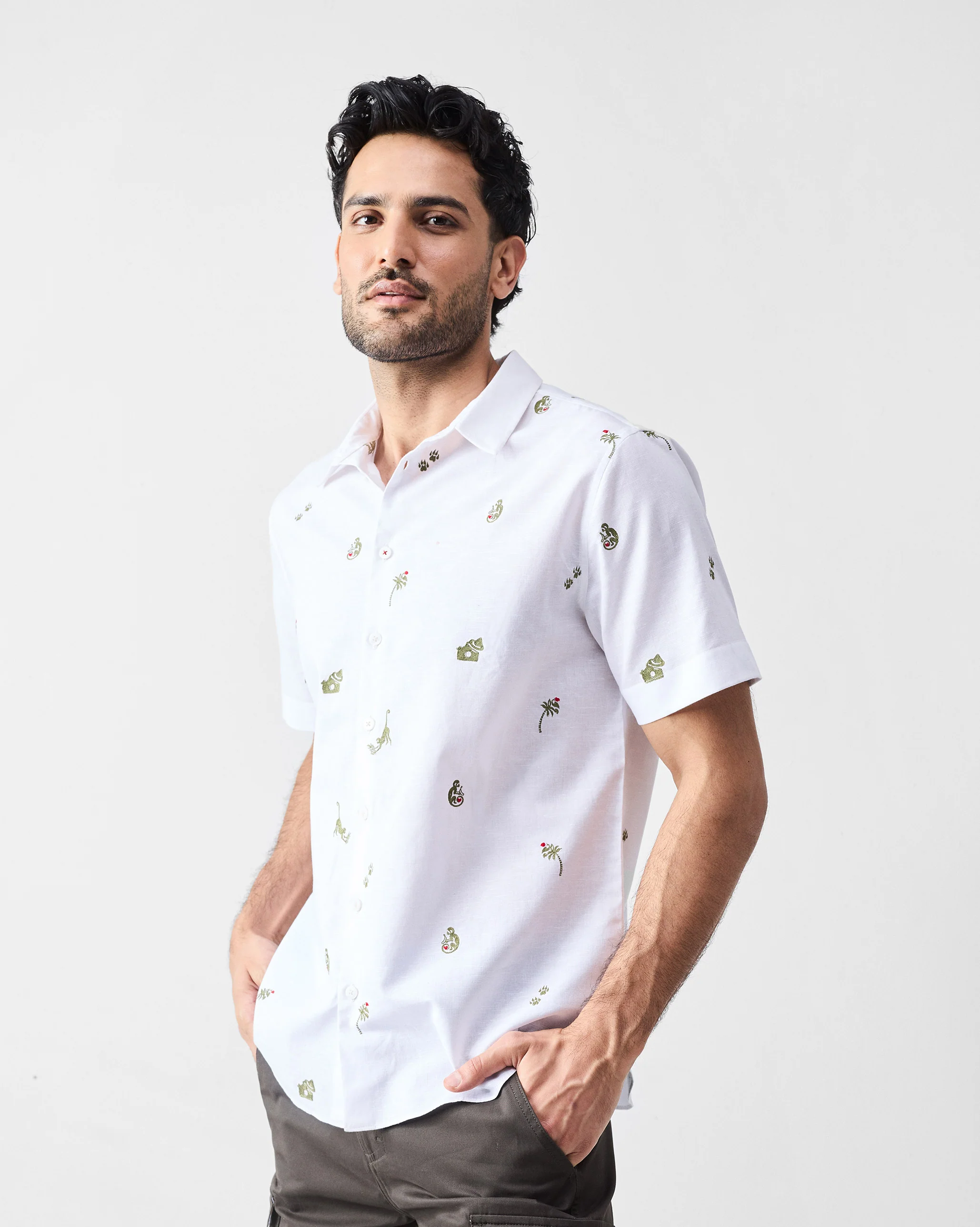 Half Sleeves Shirt - White & Olive Embroidered - Image 3