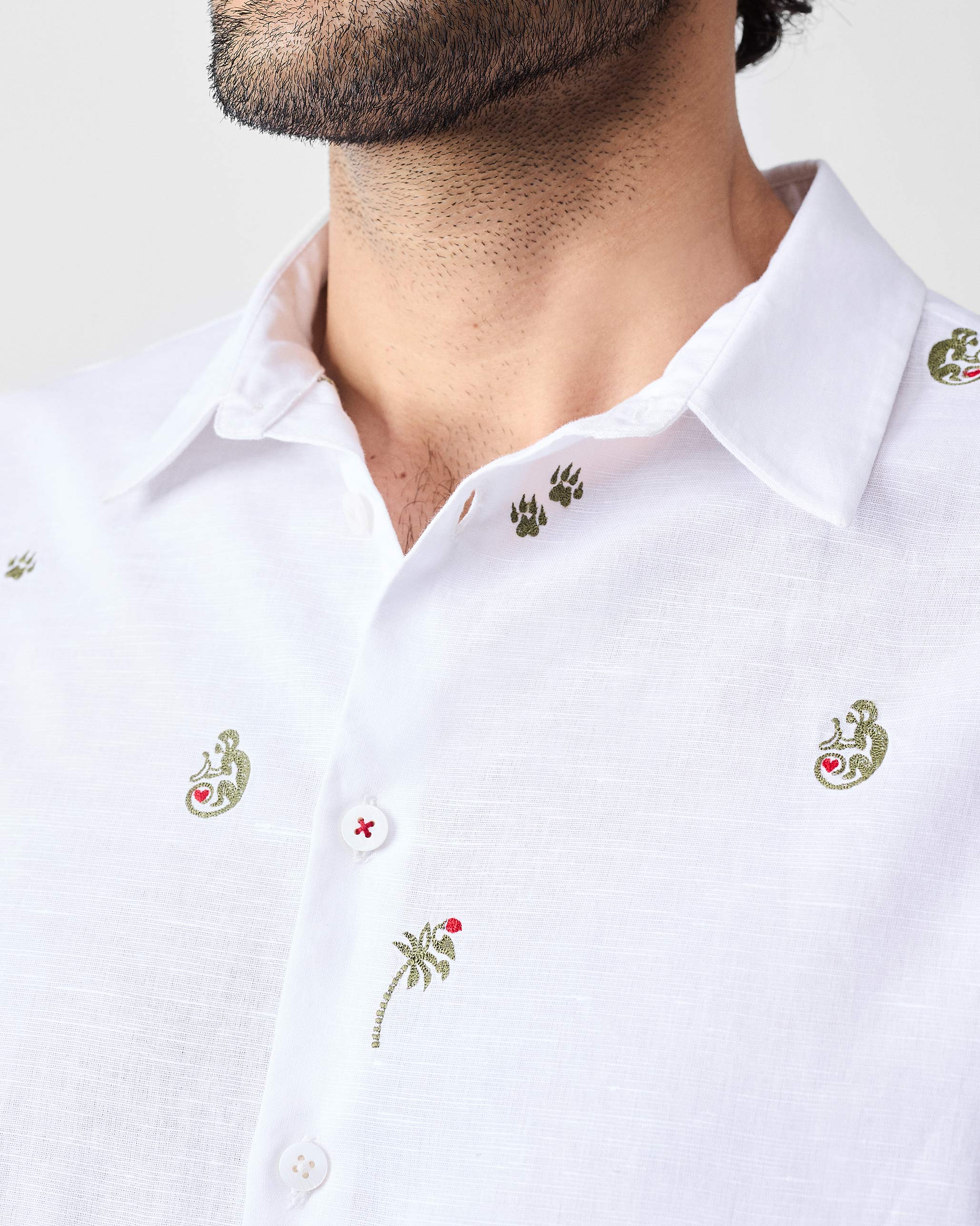 Half Sleeves Shirt - White & Olive Embroidered - Image 4