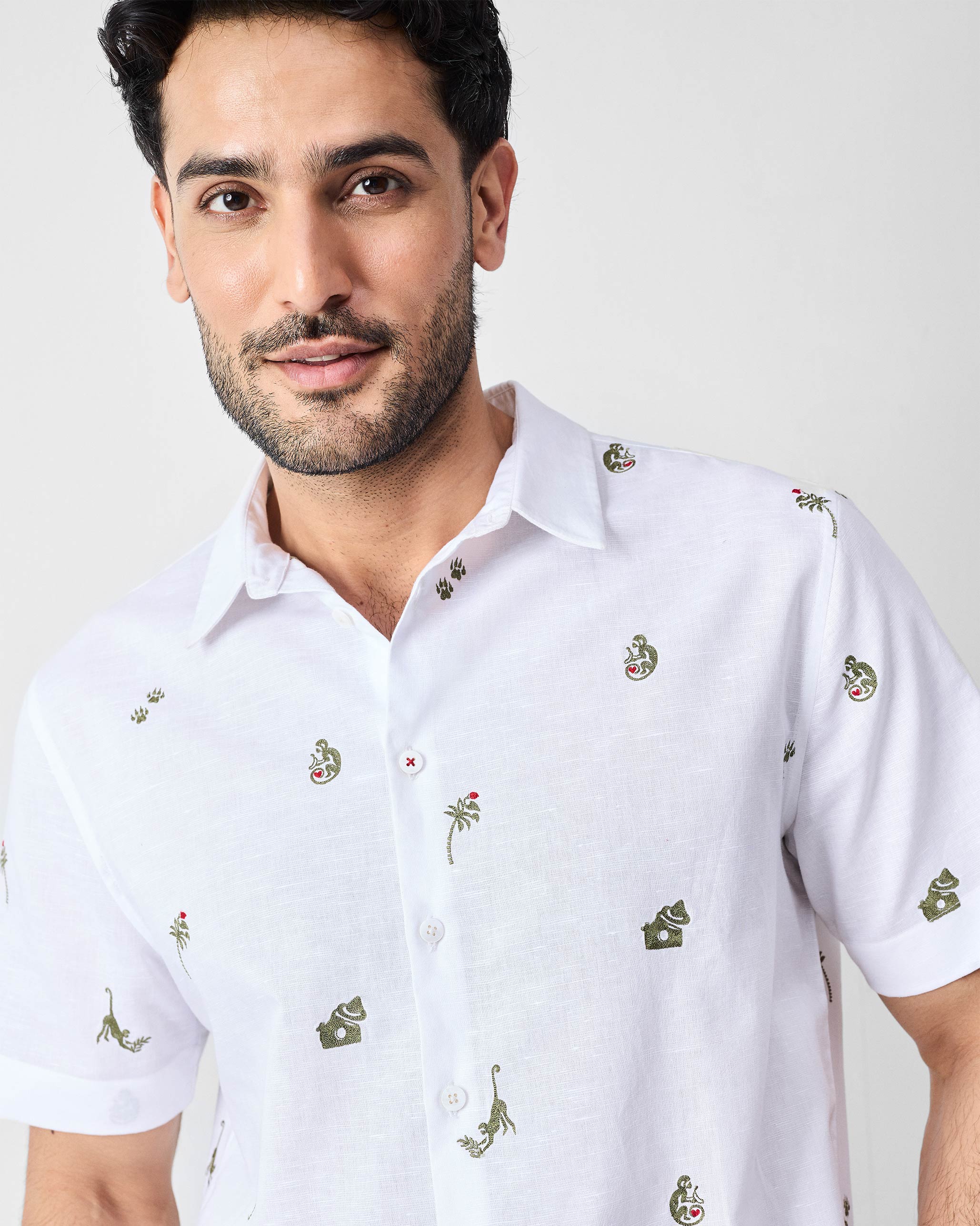 Half Sleeves Shirt - White & Olive Embroidered - Image 5