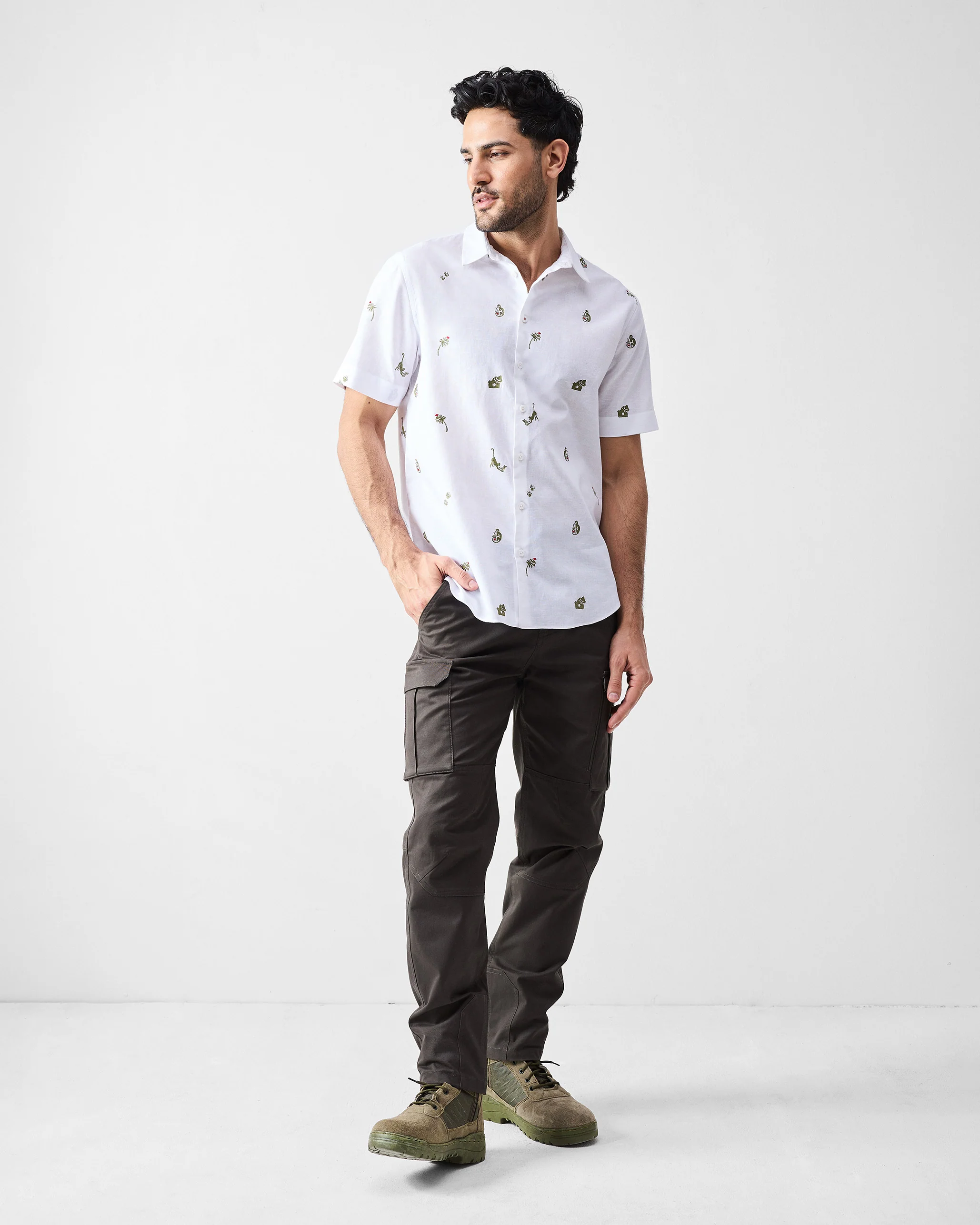 Half Sleeves Shirt - White & Olive Embroidered - Image 6