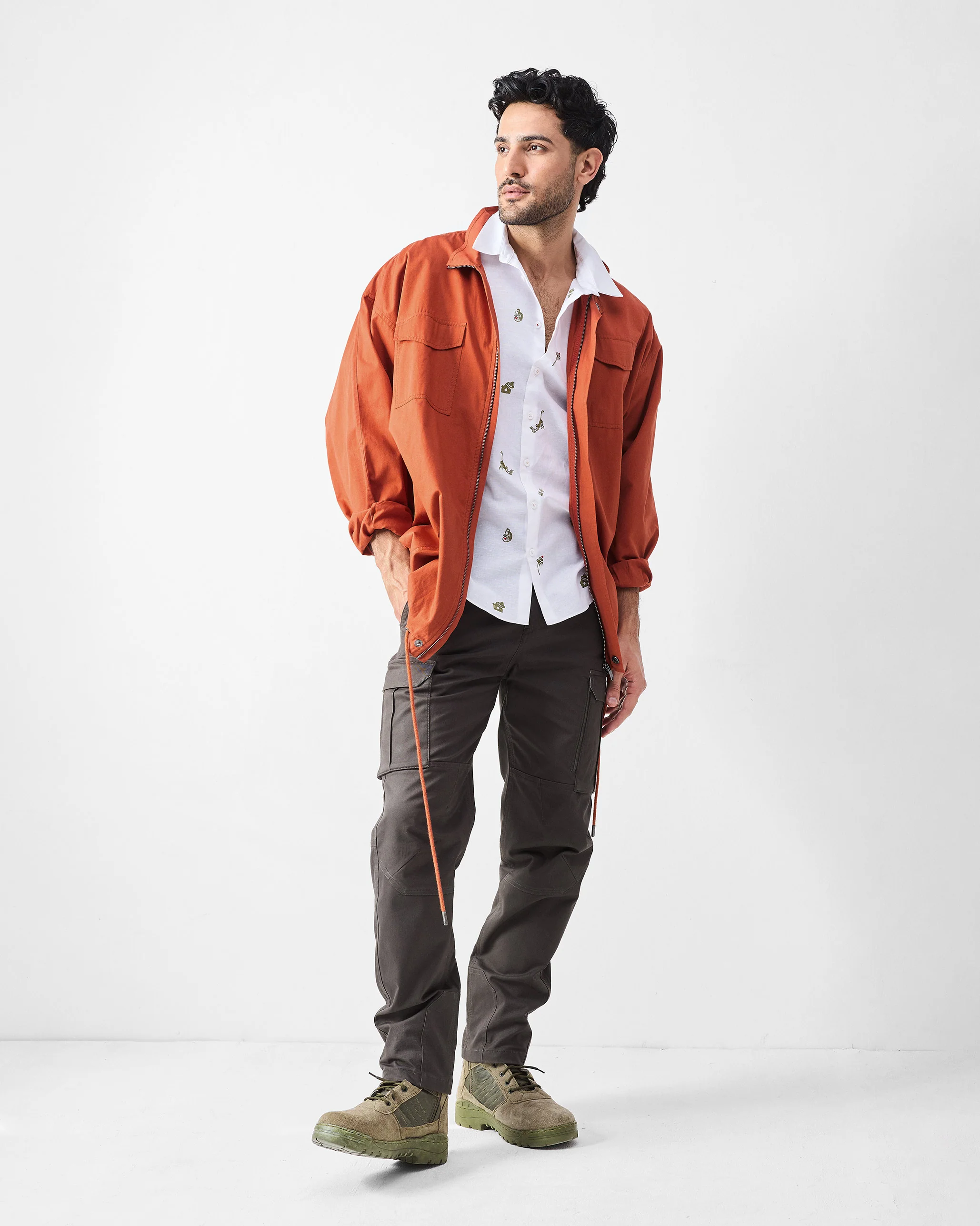 Half Sleeves Shirt - White & Olive Embroidered - Image 7