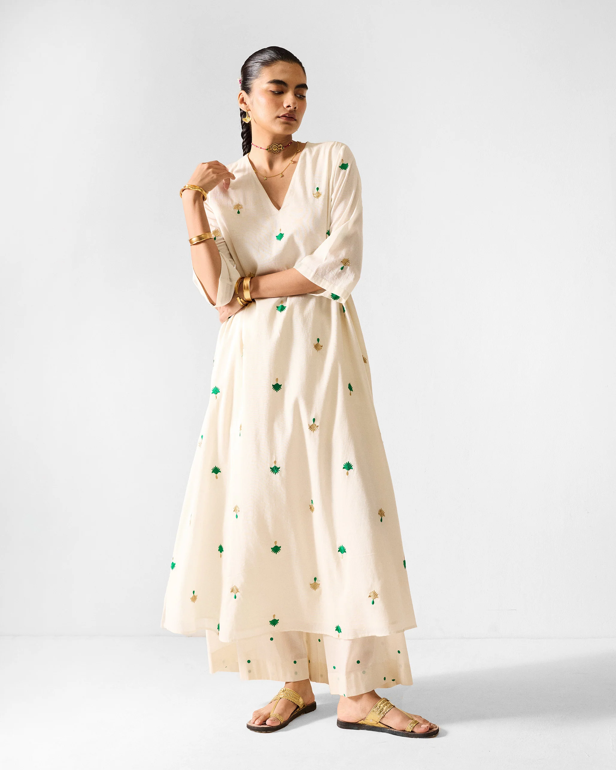 Hampi Kurta - Ivory & Green Embroidered - Image 5