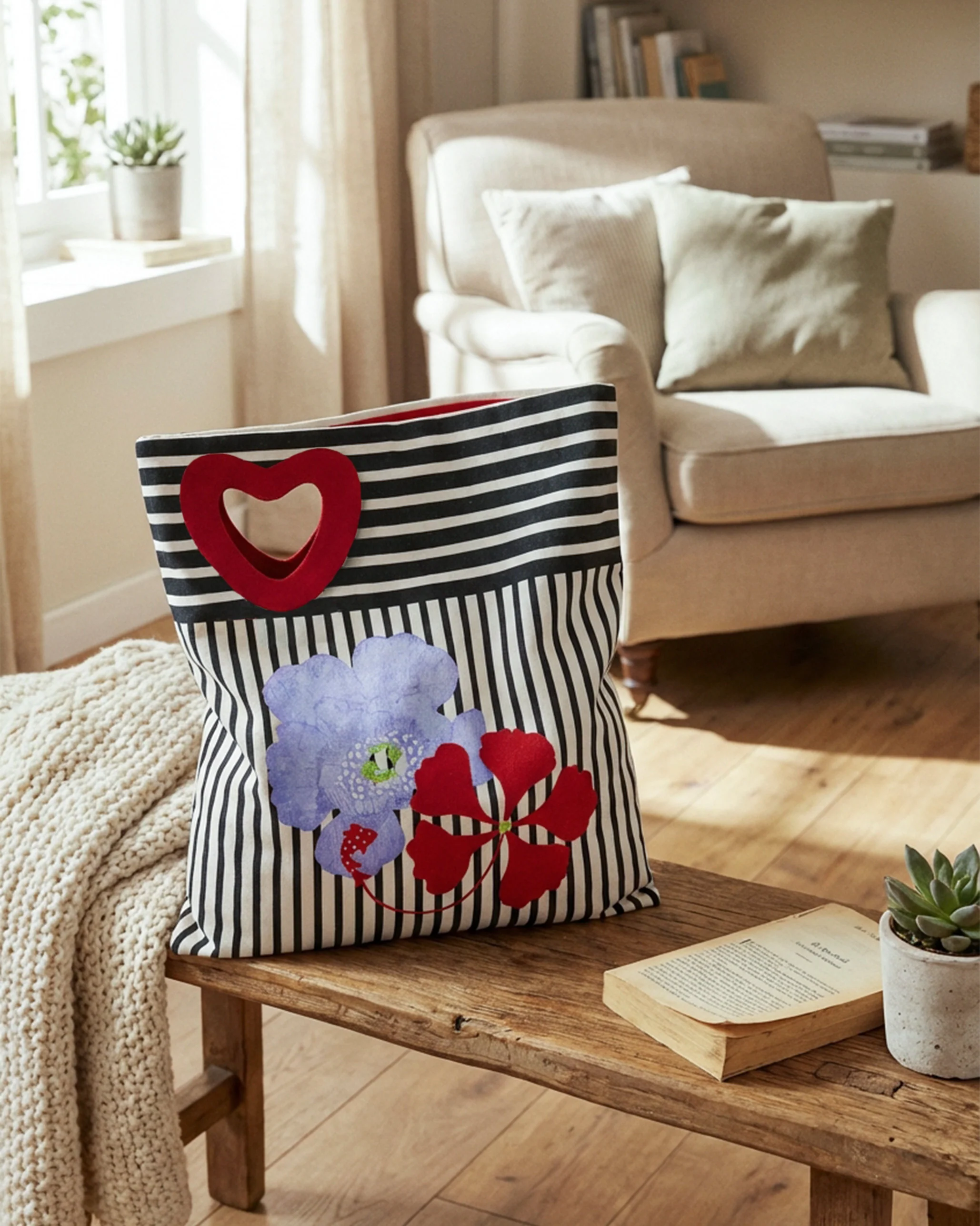 Heart Asymmetrical Tote - Black & White Stripes - Image 2