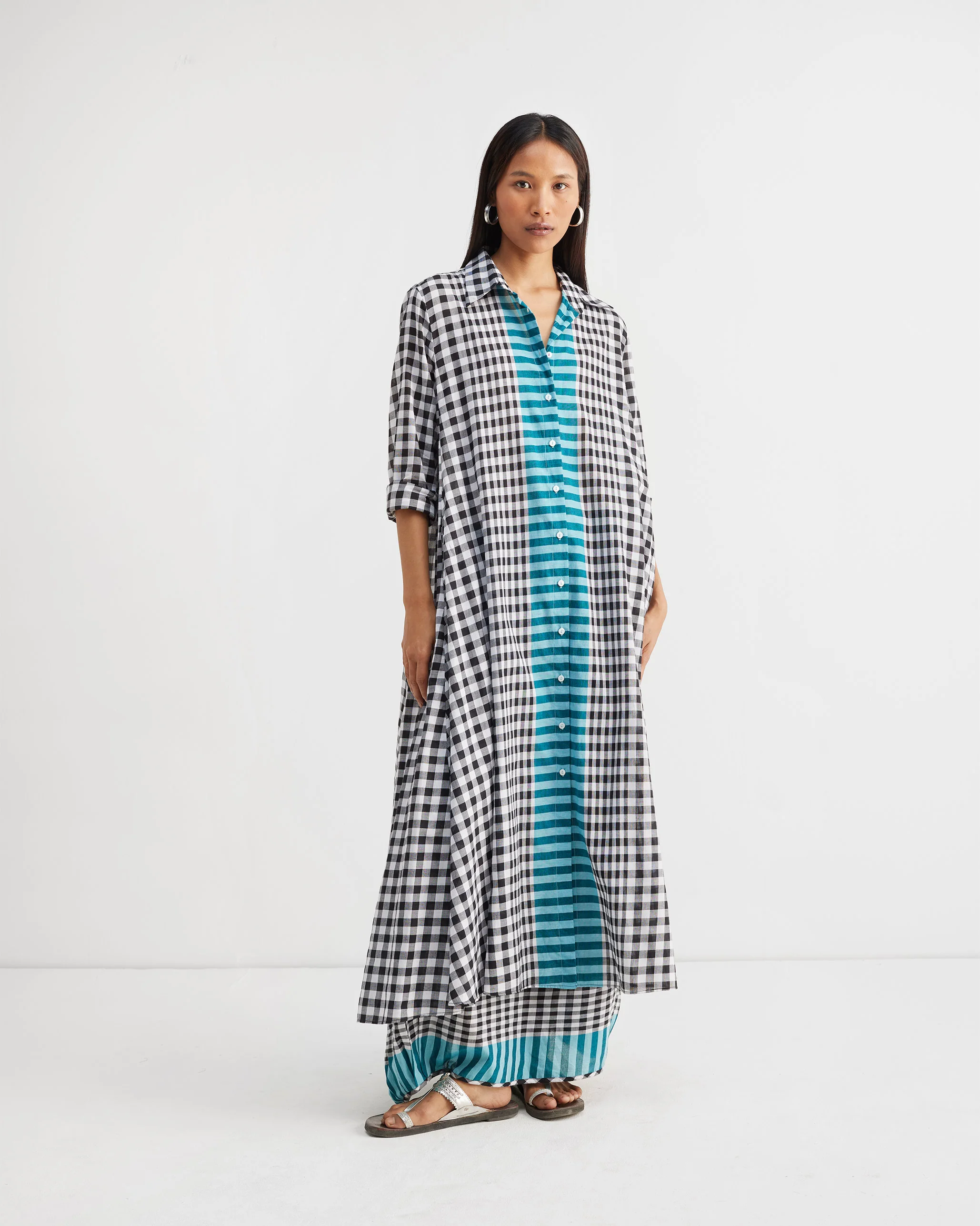 Shirt Collar Kurta - Black & White Checks - Image 9