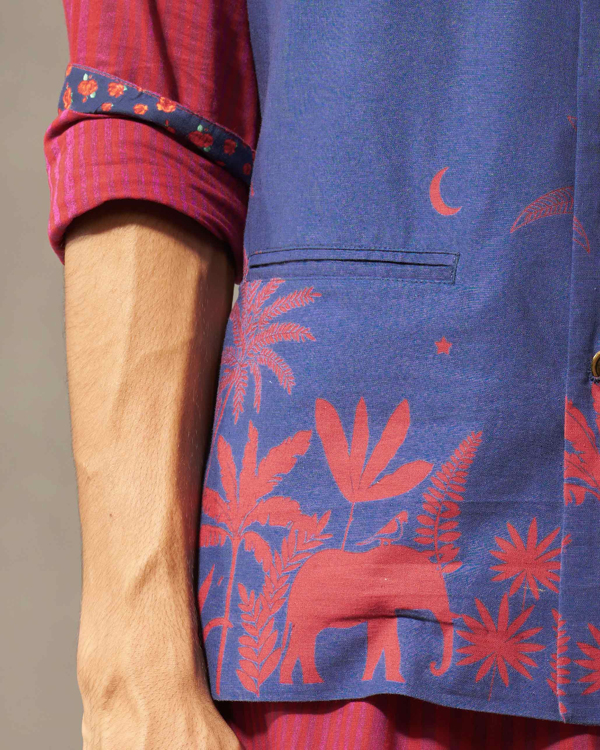 Jashn Nehru Jacket - Red & Navy Print - Image 2