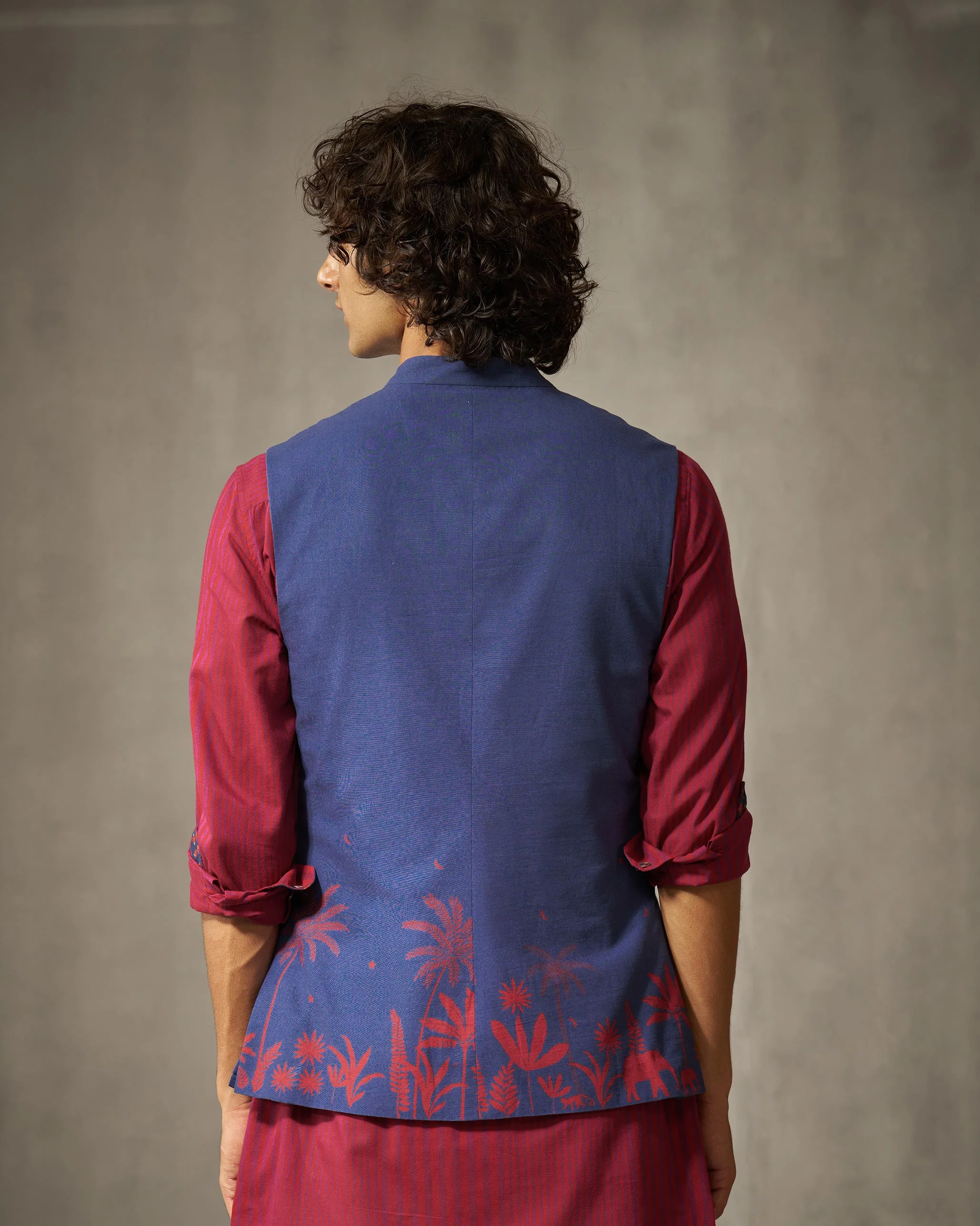 Jashn Nehru Jacket - Red & Navy Print - Image 3