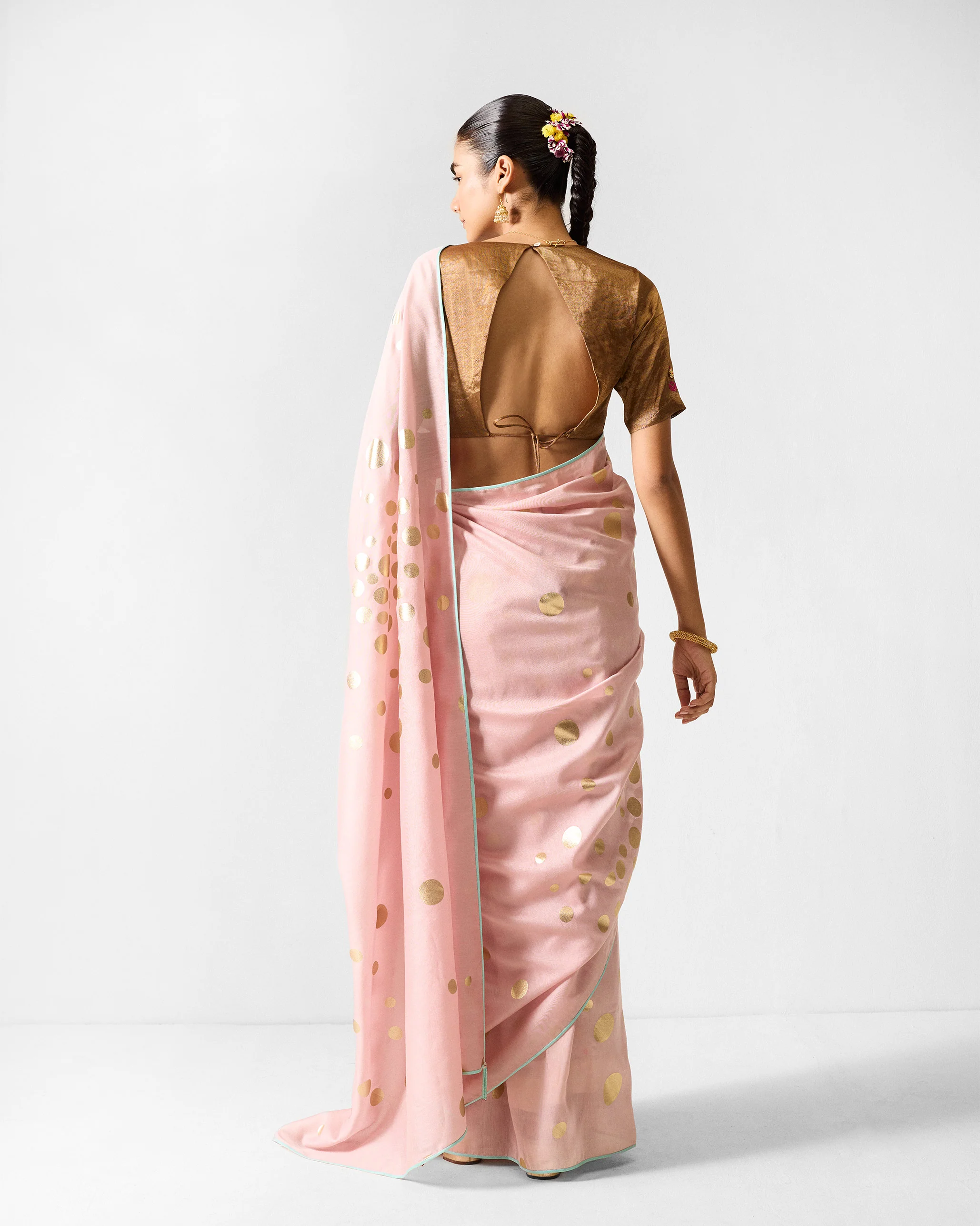 Jugnu Sari - Light Pink & Gold Printed - Image 2