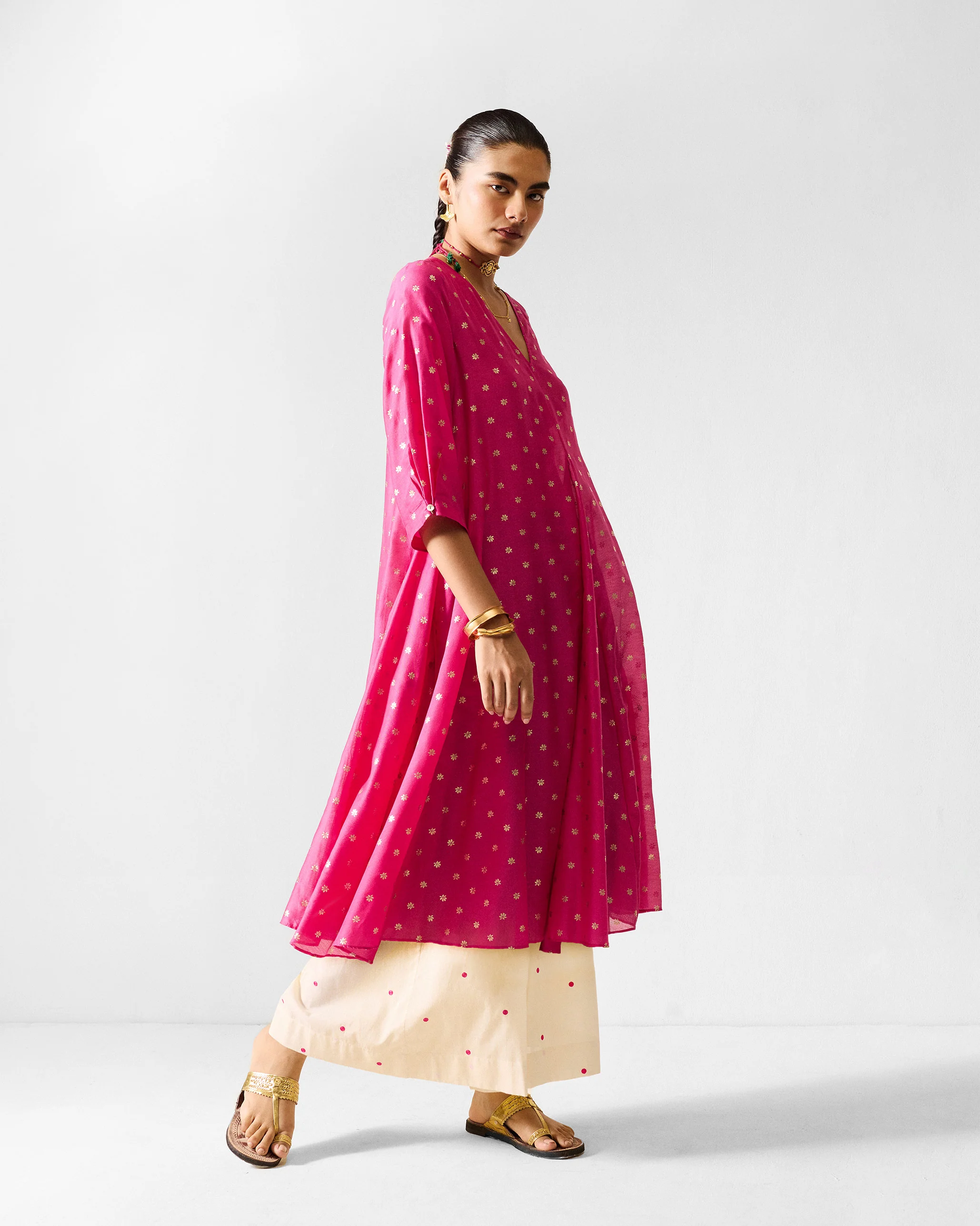 Kannauj Kurta - Fuchsia & Gold Printed - Image 5