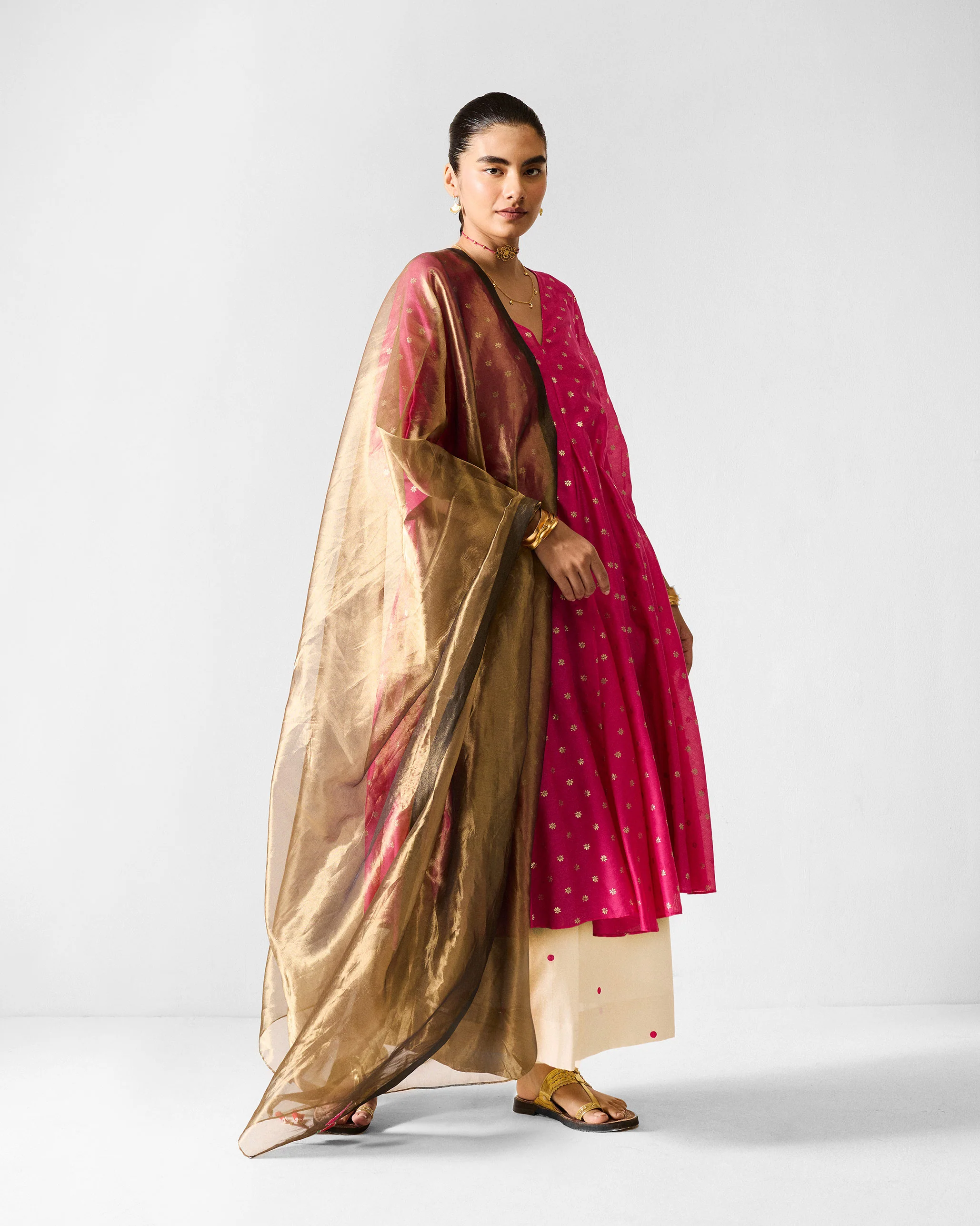 Kannauj Kurta - Fuchsia & Gold Printed - Image 6