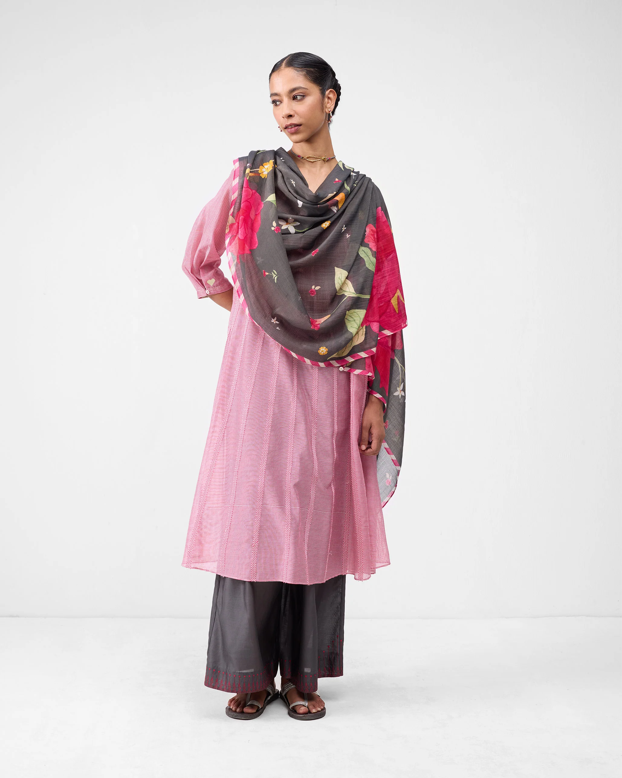Kaveri Dupatta - Charcoal & Watermelon Print - Image 5