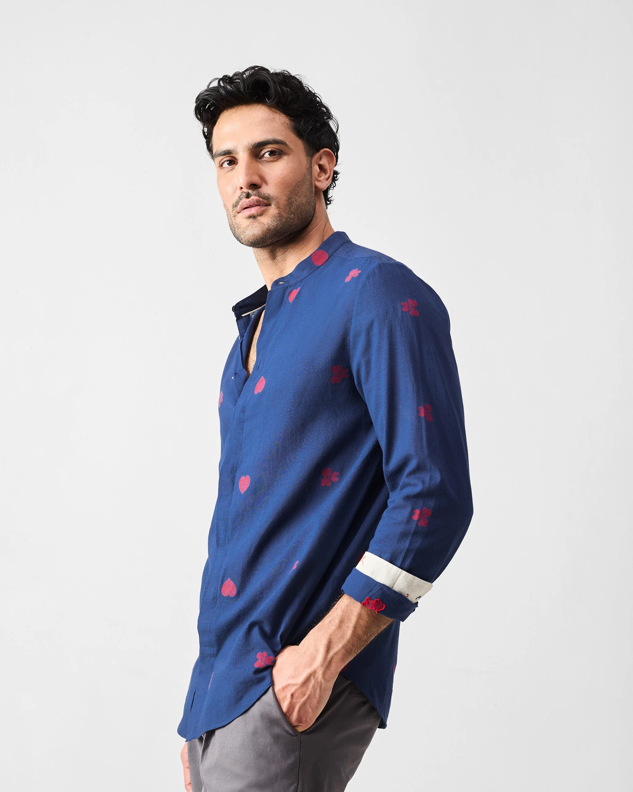 Kawaii Shirt - Navy & Red Jamdani - Image 3