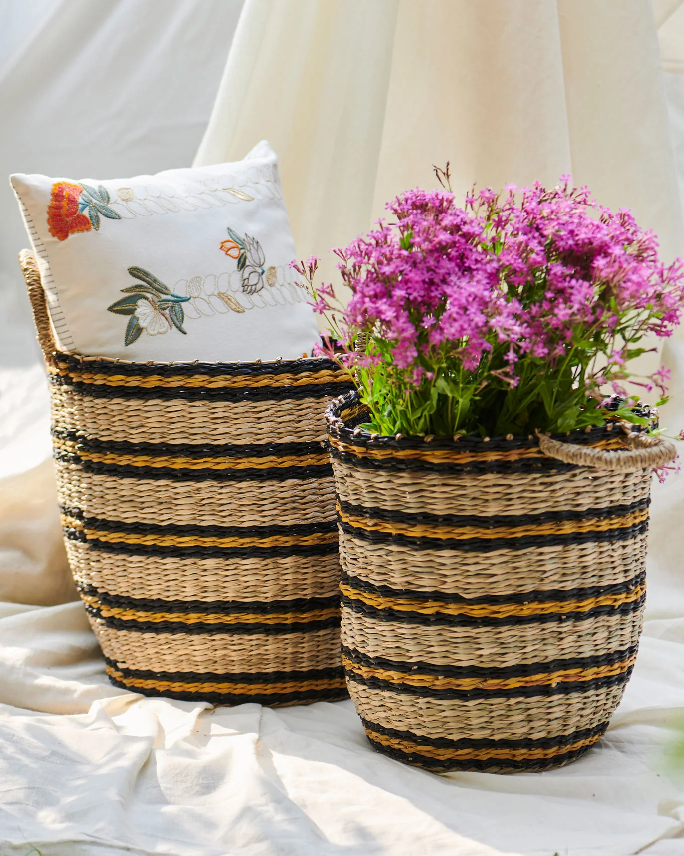 Khasi Blue Striped Basket (Set of 2) - Image 2
