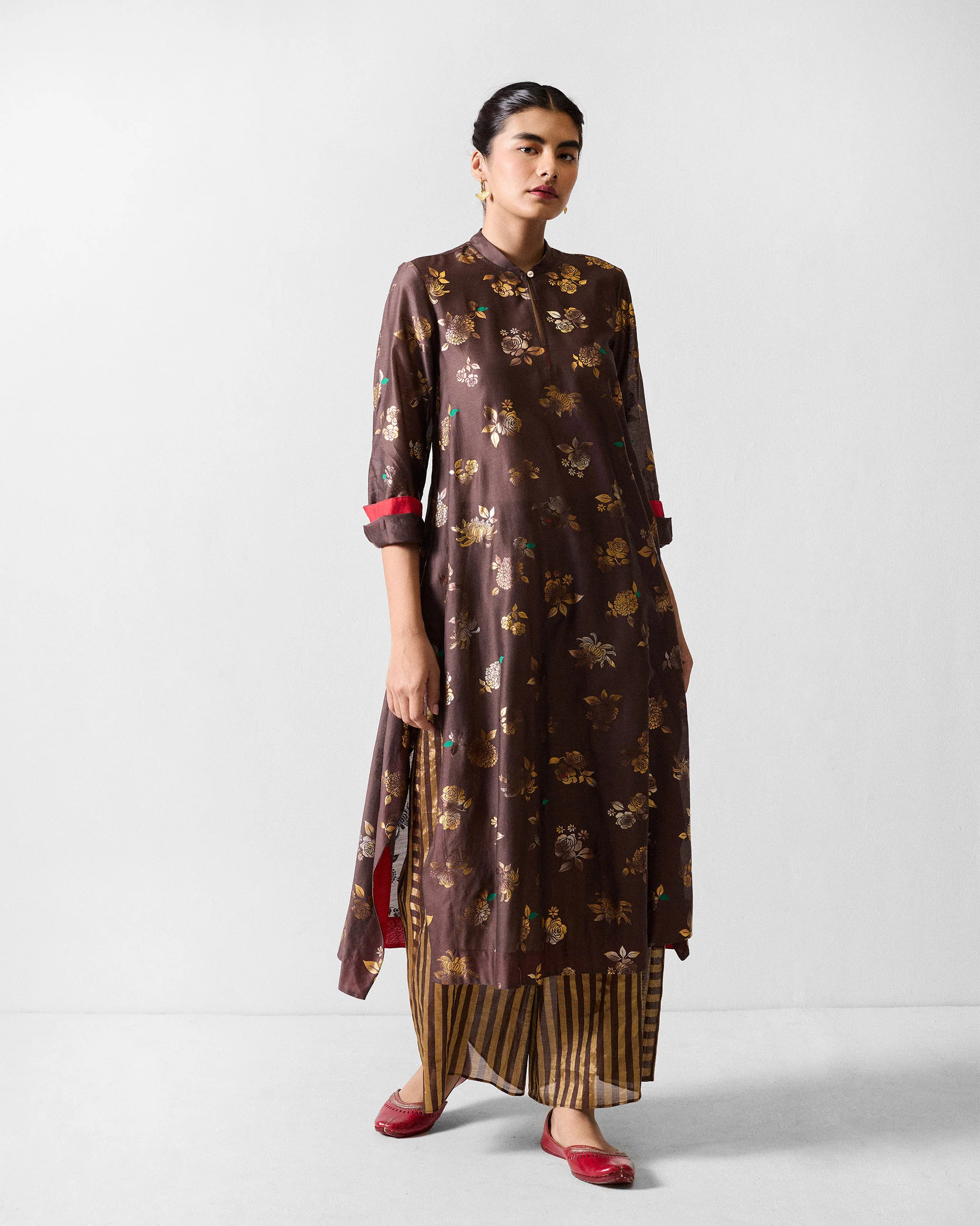 Kovai Kurta - Chocolate Brown & Gold Printed - Image 4