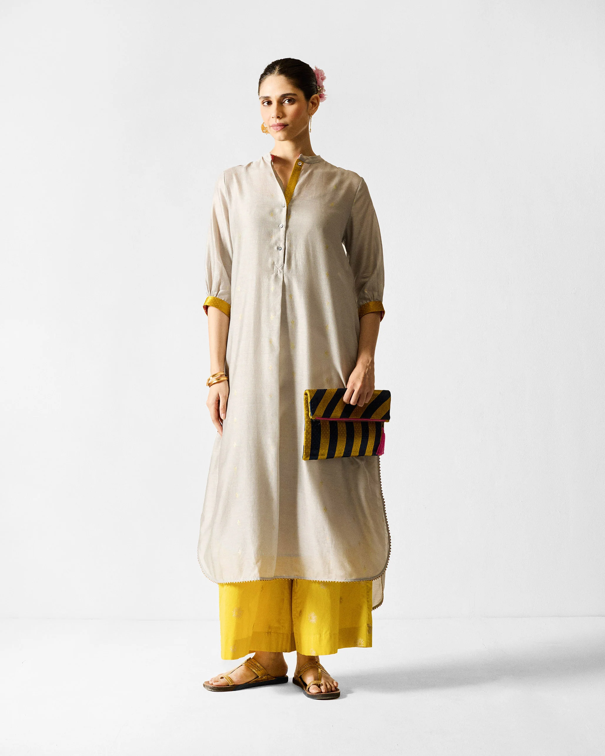 Kumaon Kurta - Grey & Gold Printed - Image 5