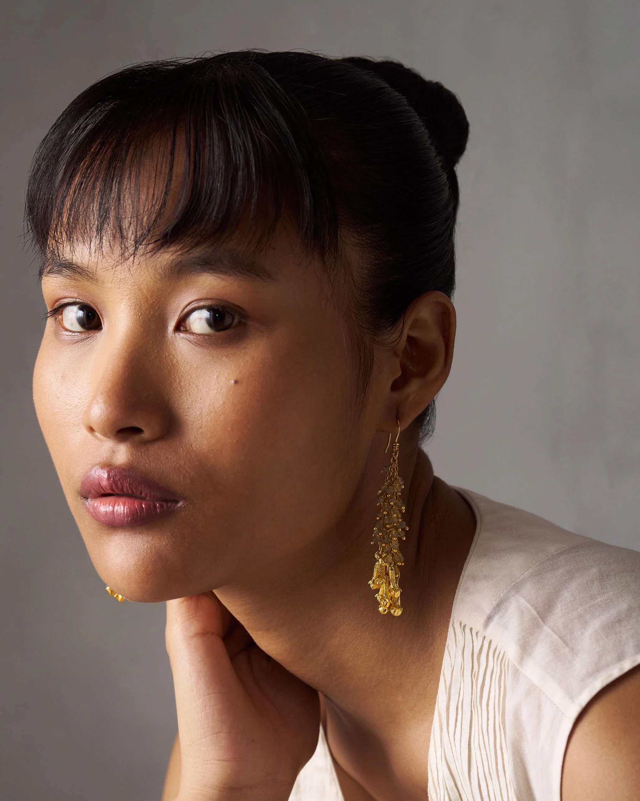 Labradorite Droplet Earrings - Gold - Image 4