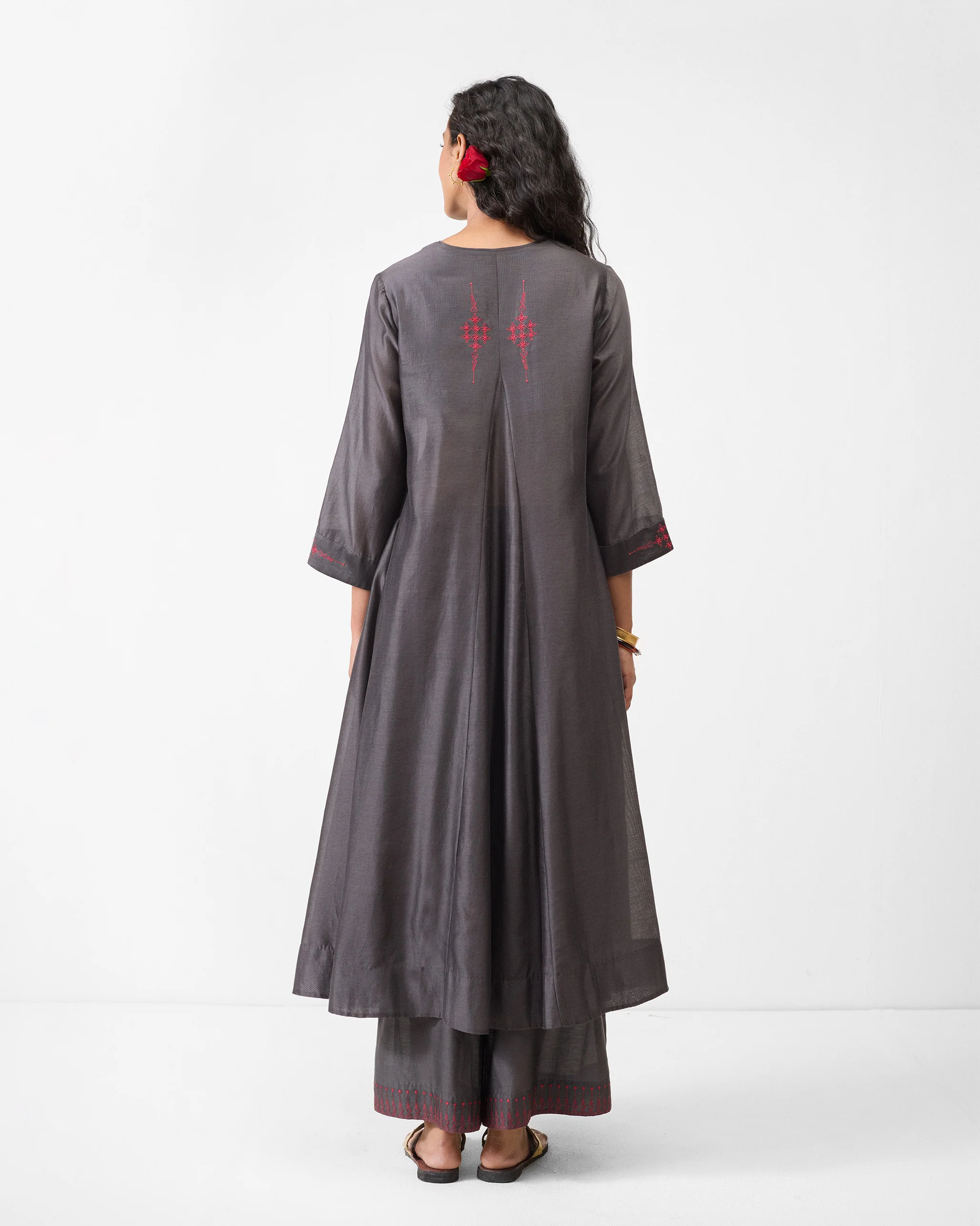 Lama Smocked Kurta - Charcoal & Watermelon Embroidered - Image 2