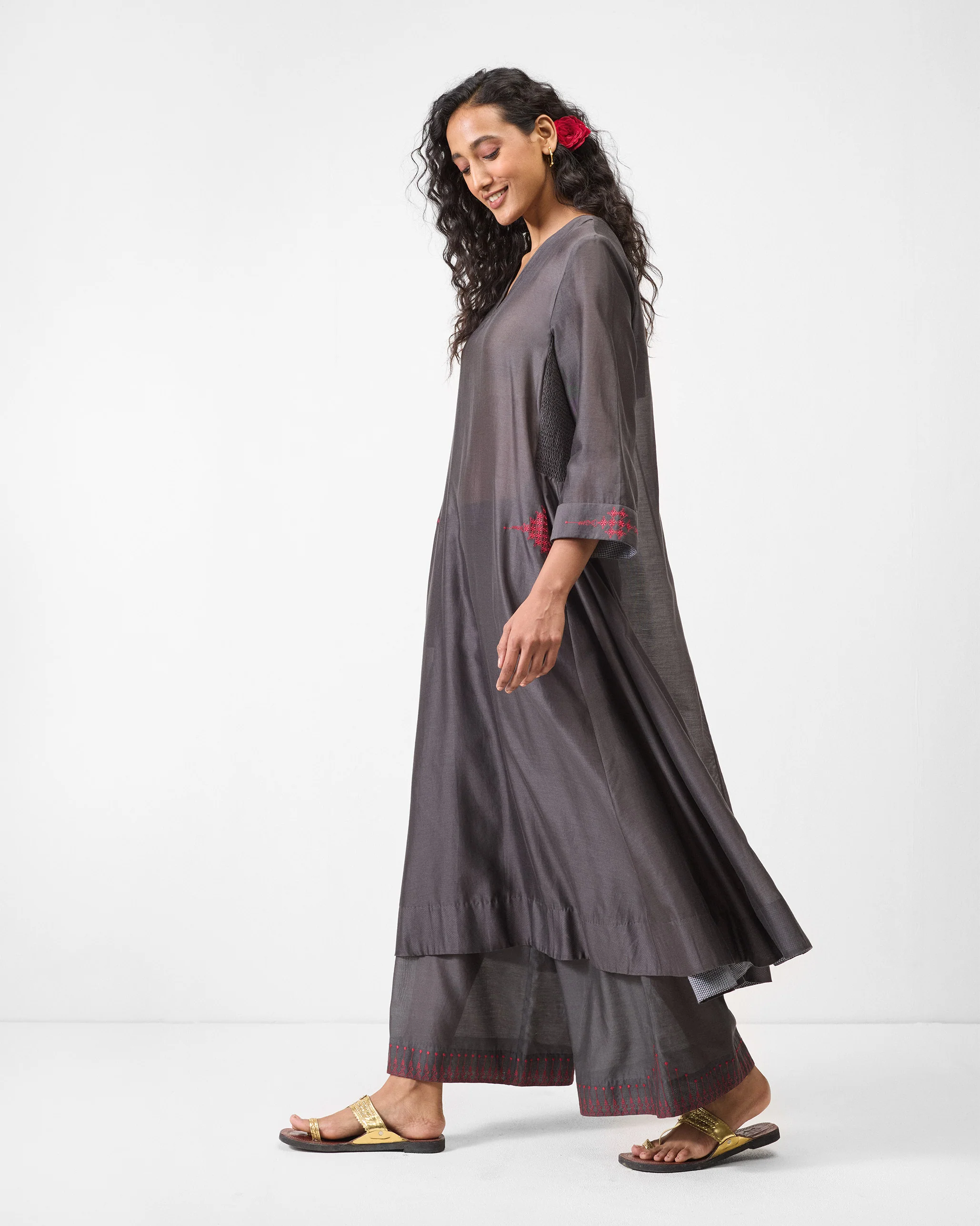 Lama Smocked Kurta - Charcoal & Watermelon Embroidered - Image 3
