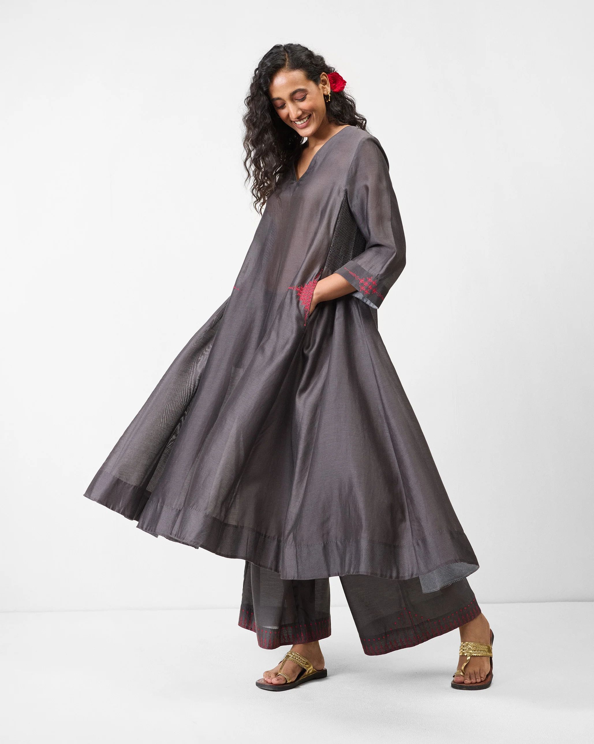Lama Smocked Kurta - Charcoal & Watermelon Embroidered - Image 6